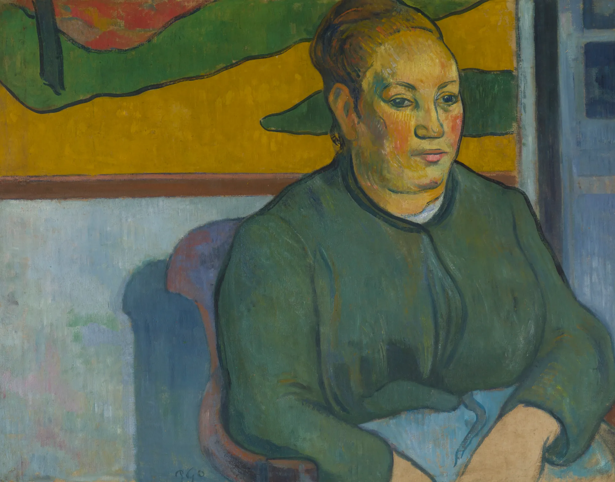 Madame Roulin Madame Roulin by Paul Gauguin. A Post-Impressionist portrait of a seated woman in a dark green dress against a vibrant, flat-patterned background of yellow and green.