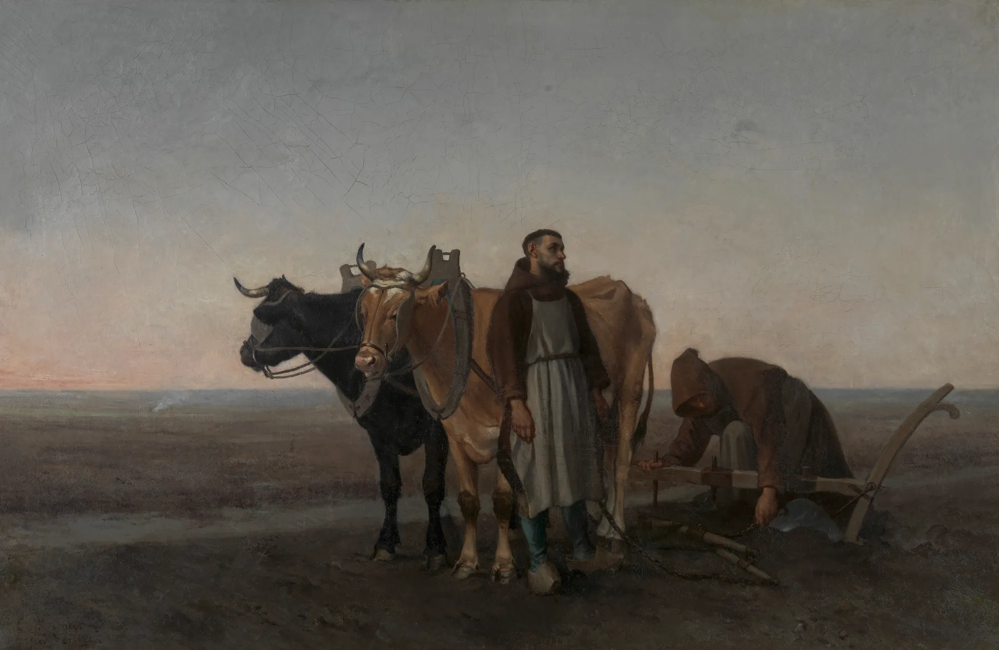 Cistercians Working on Land Cistercians Working on Land by Constantin Meunier. Two Cistercian monks labor in a field with a pair of oxen under a vast, pale sky at dawn or dusk.