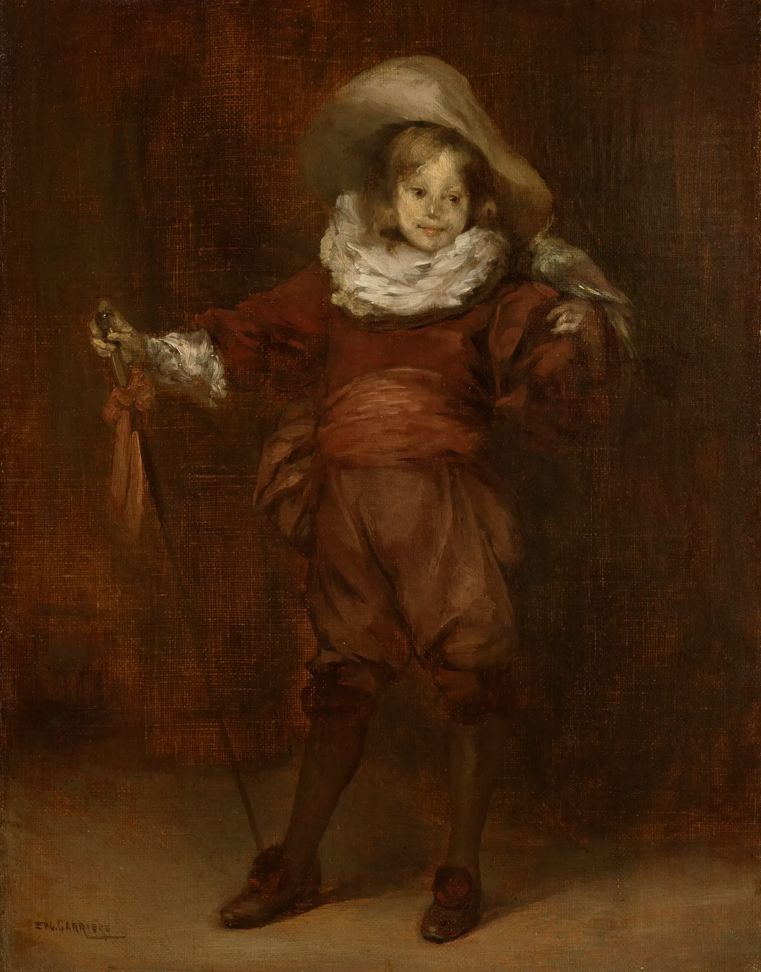 Little d'Artagnan Little d'Artagnan by Eugène Carrière. A young boy dressed as a musketeer in a red tunic and large floppy hat, holding a sword with a bird perched on his shoulder.