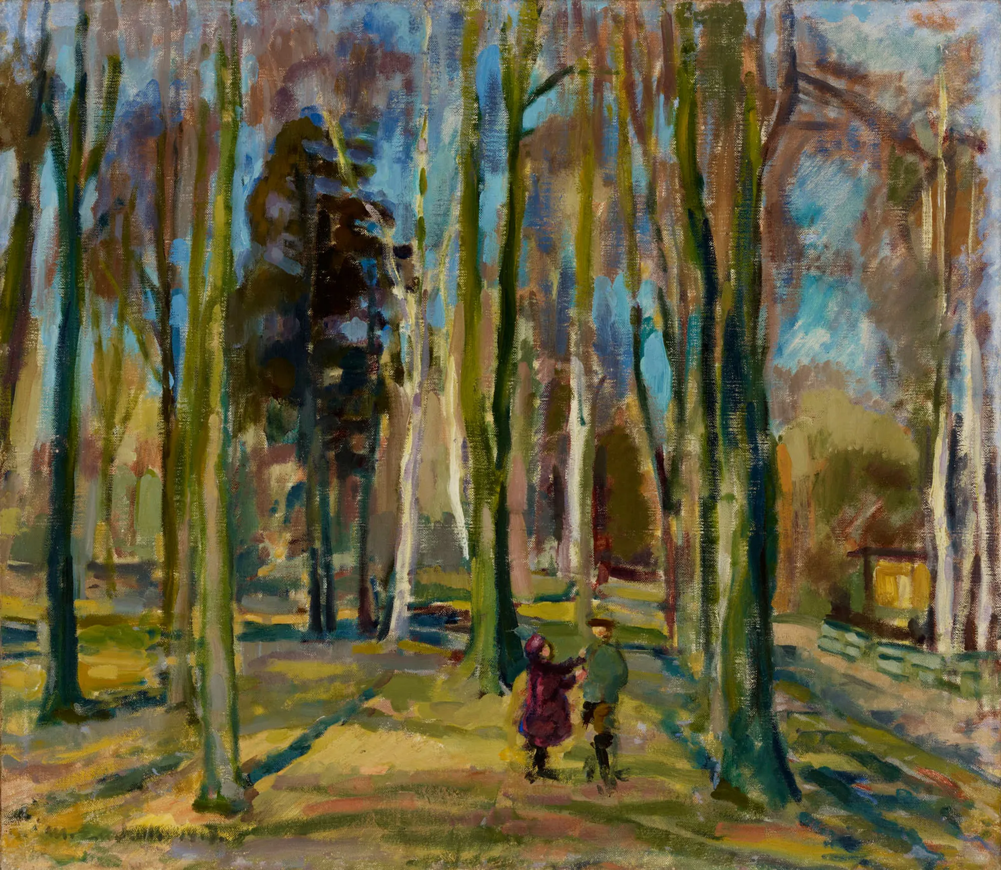 View from Kaivopuisto View from Kaivopuisto by Magnus Enckell. A luminous landscape painting featuring tall, slender trees in a sun-drenched park with two figures walking through the dappled light.