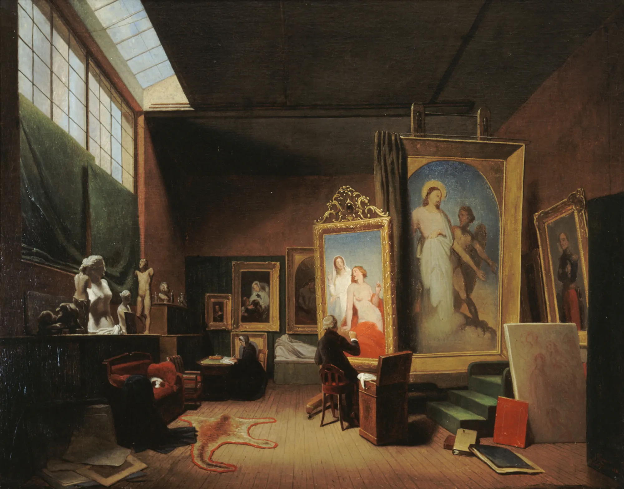 Atelier d'Ary Scheffer, rue Chaptal Atelier d'Ary Scheffer, rue Chaptal by Ary Johannes Lamme. An artist is seen from behind working at an easel in a grand, cluttered studio filled with large canvases, classical sculptures, and a large skylight.