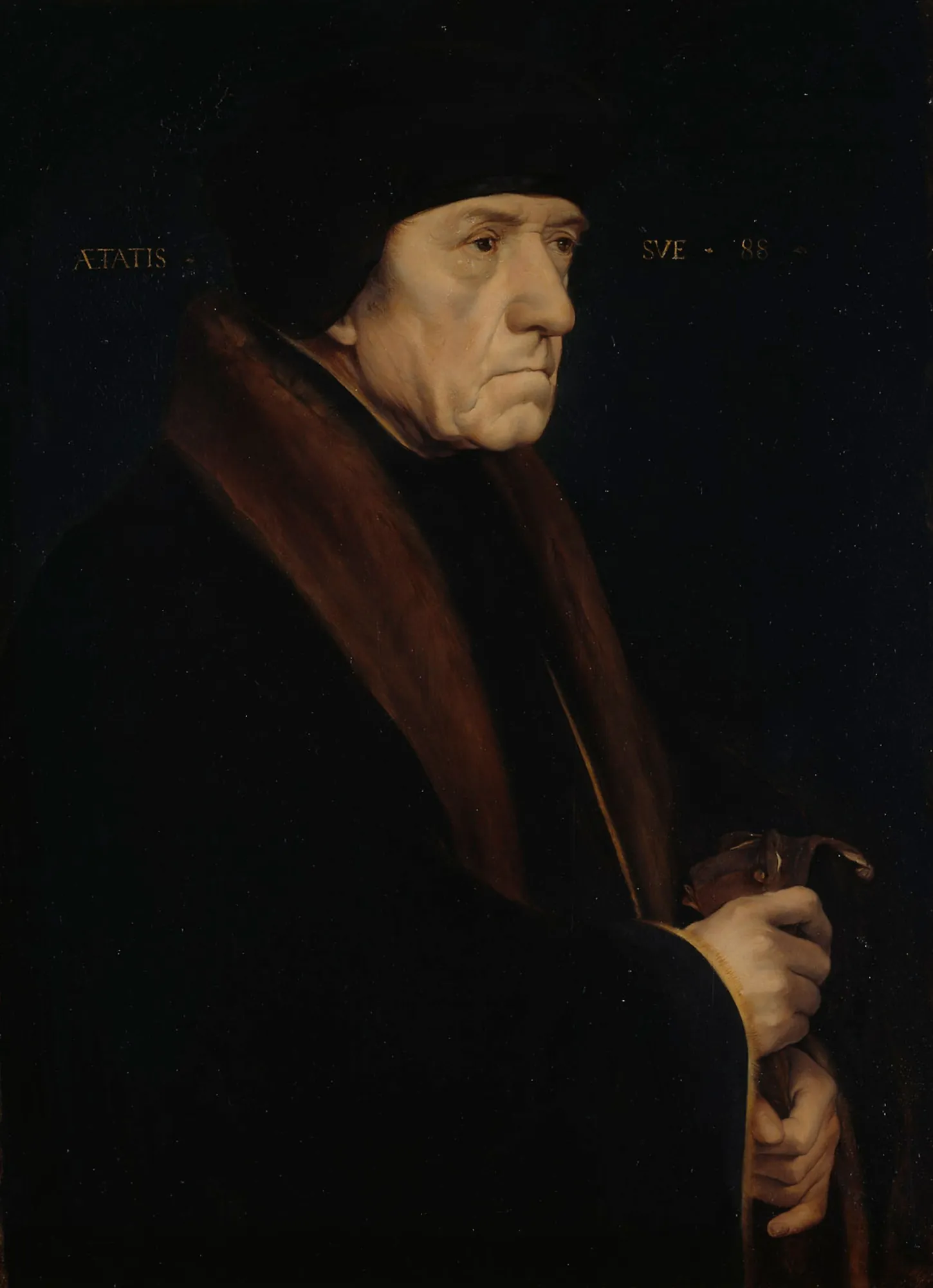 John Chambers John Chambers by Helene Schjerfbeck. A formal portrait of an elderly man with a somber expression, wearing a dark cap and fur-trimmed robes against a black background.