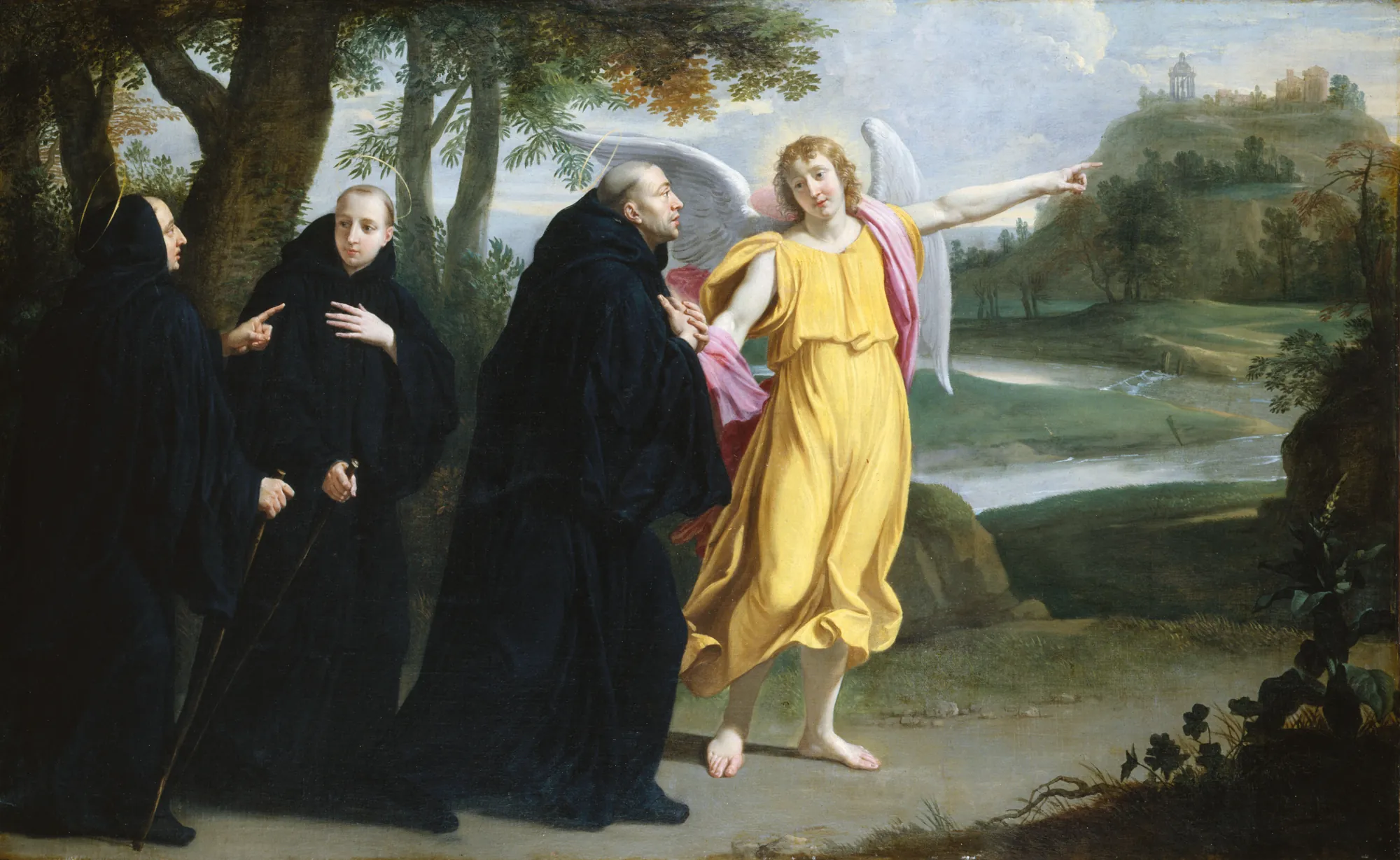 Saint Benedict and the Angel Pointing to Monte Cassino Saint Benedict and the Angel Pointing to Monte Cassino by Philippe de Champaigne. A group of monks in black robes stands with a winged angel in a vibrant yellow gown who points toward a distant hilltop monastery.