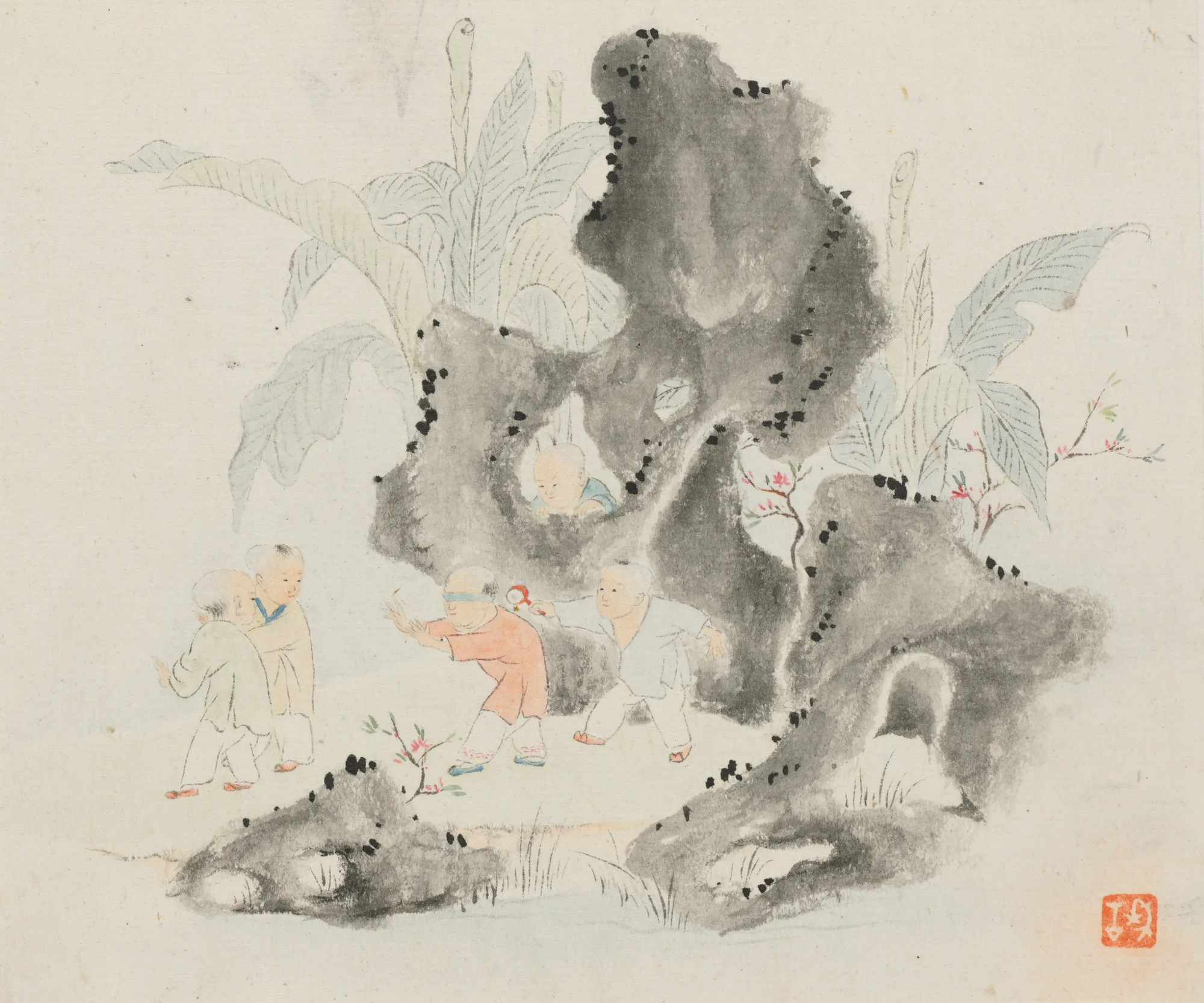 Children Playing Blindman's Buff in a Garden Children Playing Blindman's Buff in a Garden by Hua Yan. A group of children play a game of blindman's buff among large, stylized garden rocks and broad-leafed plants.