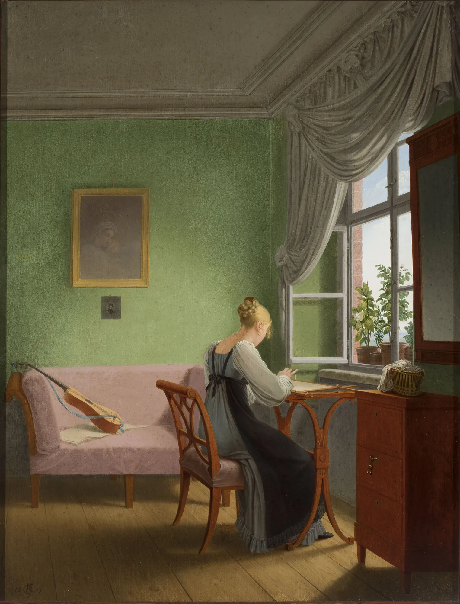The Embroiderer The Embroiderer by Georg Friedrich Kersting. A woman in a blue dress is seated at a wooden embroidery frame inside a room with green walls and a large window.