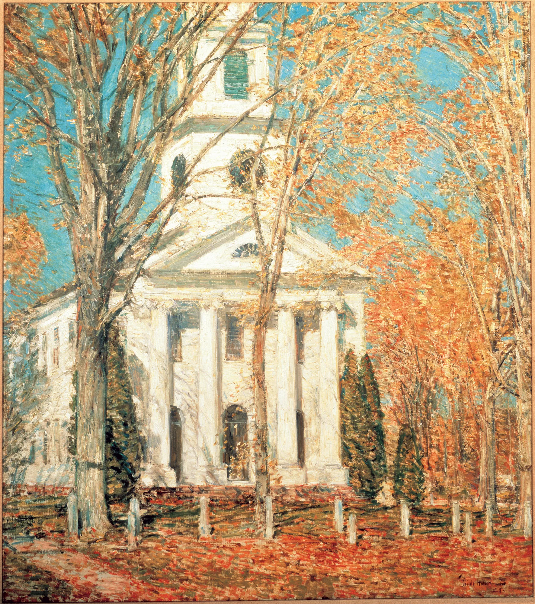 Church at Old Lyme, Connecticut Church at Old Lyme, Connecticut by Childe Hassam. A stately white church with a tall steeple is viewed through a screen of trees adorned with vibrant orange and gold autumn foliage under a bright blue sky.