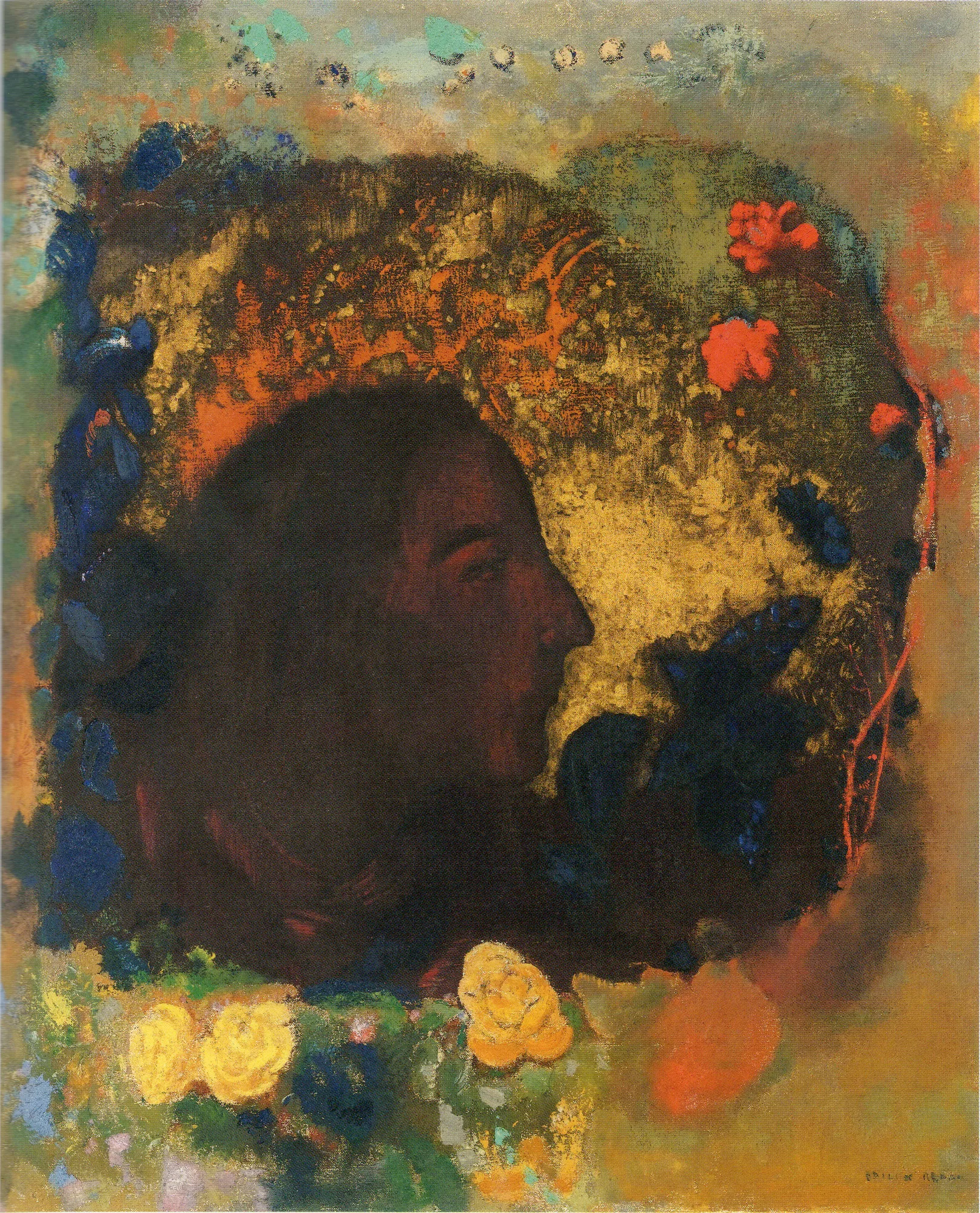 Portrait of Gauguin Portrait of Gauguin by Odilon Redon. A profile portrait of a man in deep shadow, set against a luminous golden halo and a border of vibrant red, yellow, and blue flowers.