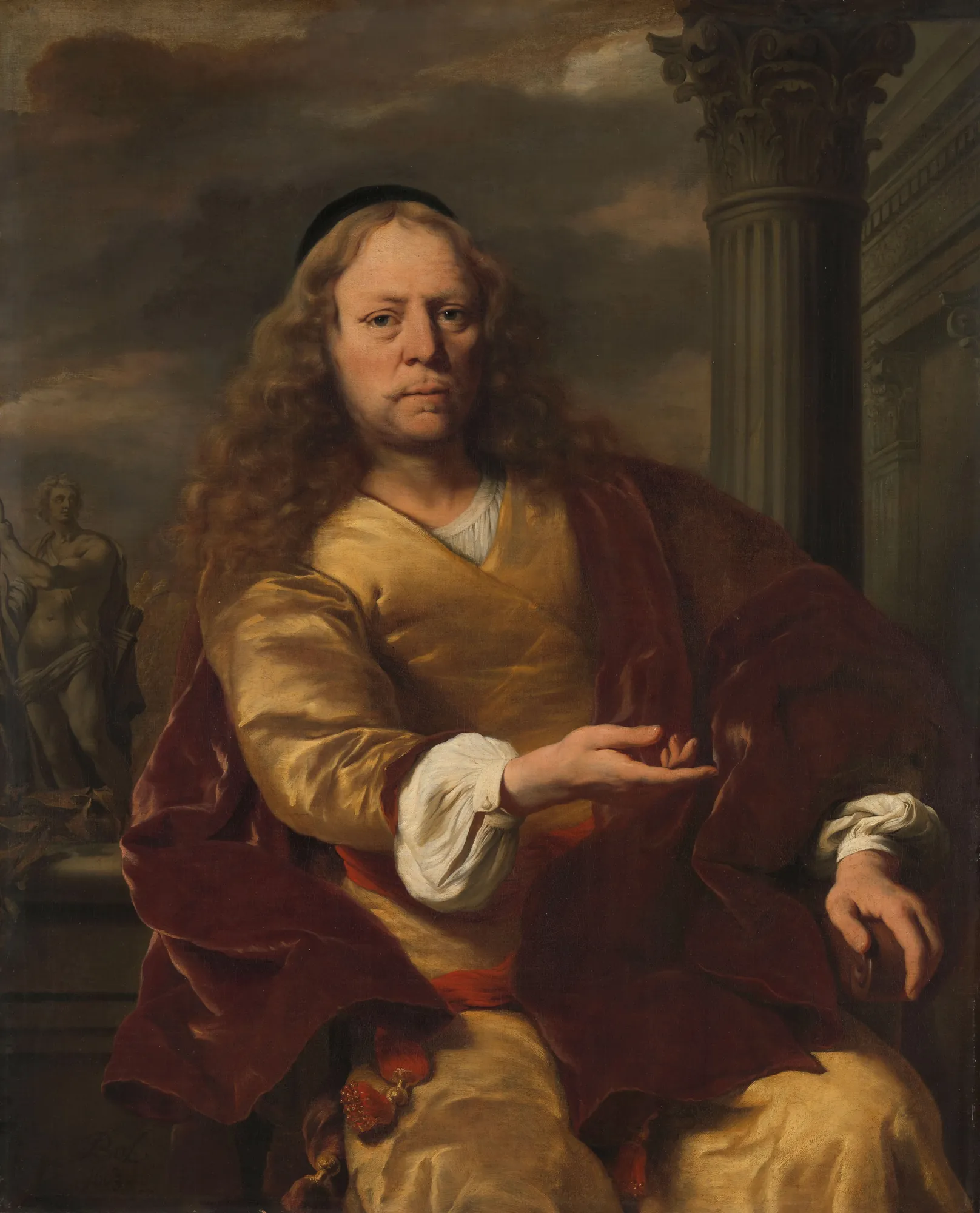 Portrait of a Man Portrait of a Man by Ferdinand Bol. A half-length portrait of a man with long hair wearing a yellow doublet and a rich red cloak against a background with a classical column.