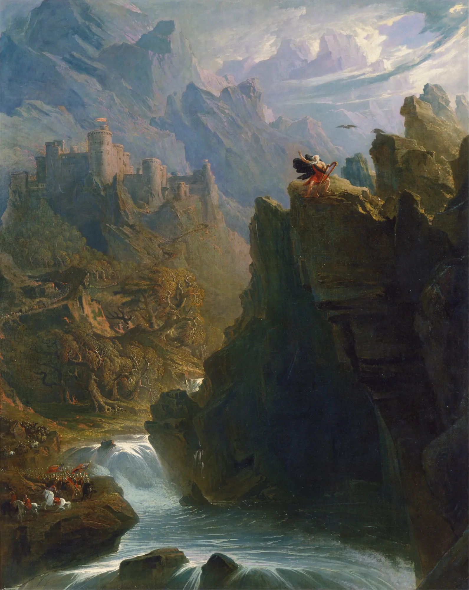 The Bard The Bard by John Martin. A solitary figure in red robes stands on a high rocky ledge playing a harp, overlooking a vast mountain valley with a castle and a distant waterfall.