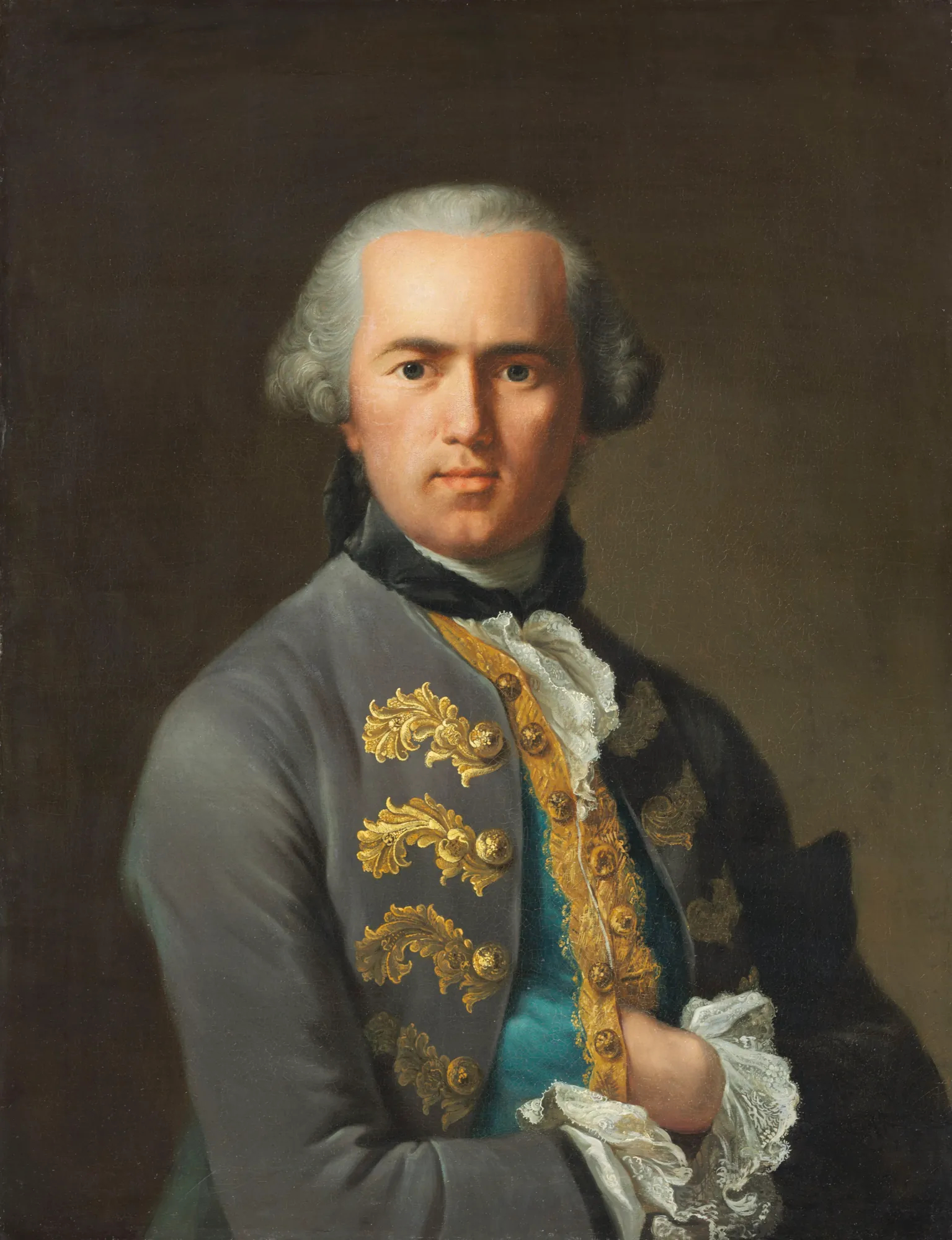 Self-Portrait in Middle Age Self-Portrait in Middle Age by Johann Heinrich Tischbein. A waist-up self-portrait of a middle-aged man in 18th-century attire, wearing a powdered wig and a grey coat with ornate gold embroidery over a blue waistcoat.