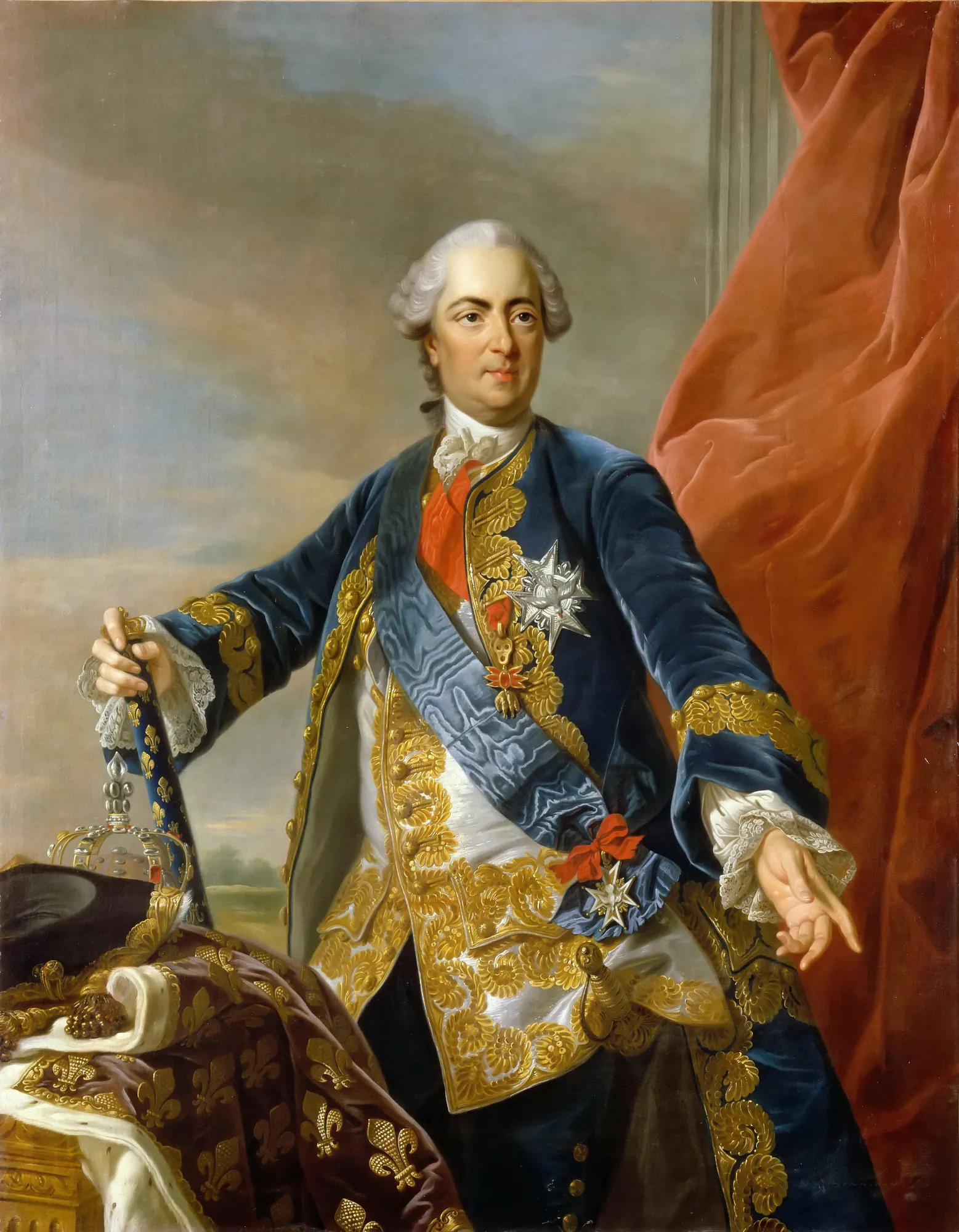 Portrait of Louis XV Portrait of Louis XV by Unknown Artist. A formal three-quarter length portrait of King Louis XV in ornate blue and gold royal attire, standing beside a crown and fleur-de-lis robe.