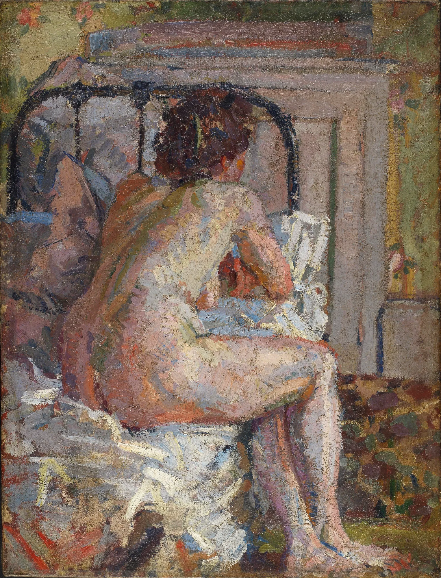 Nude on a Bed Nude on a Bed by Harold Gilman. An oil painting of a nude woman sitting on the edge of a bed, viewed from behind in a room with patterned wallpaper.