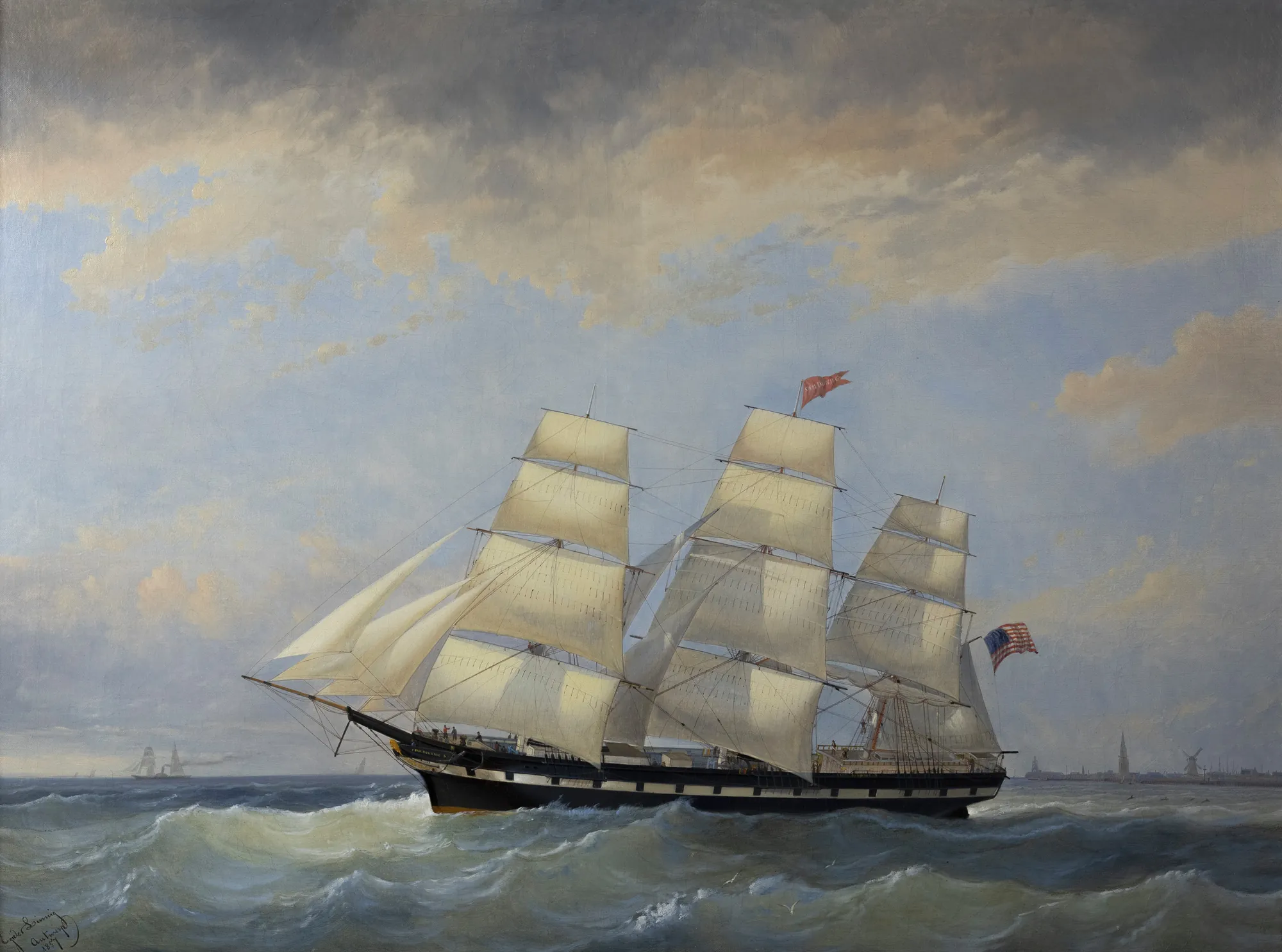 Warship Sam Dunning Warship Sam Dunning by Egide Linnig. A large three-masted sailing ship with white sails billowing navigates a choppy sea under a vast, cloud-filled sky.