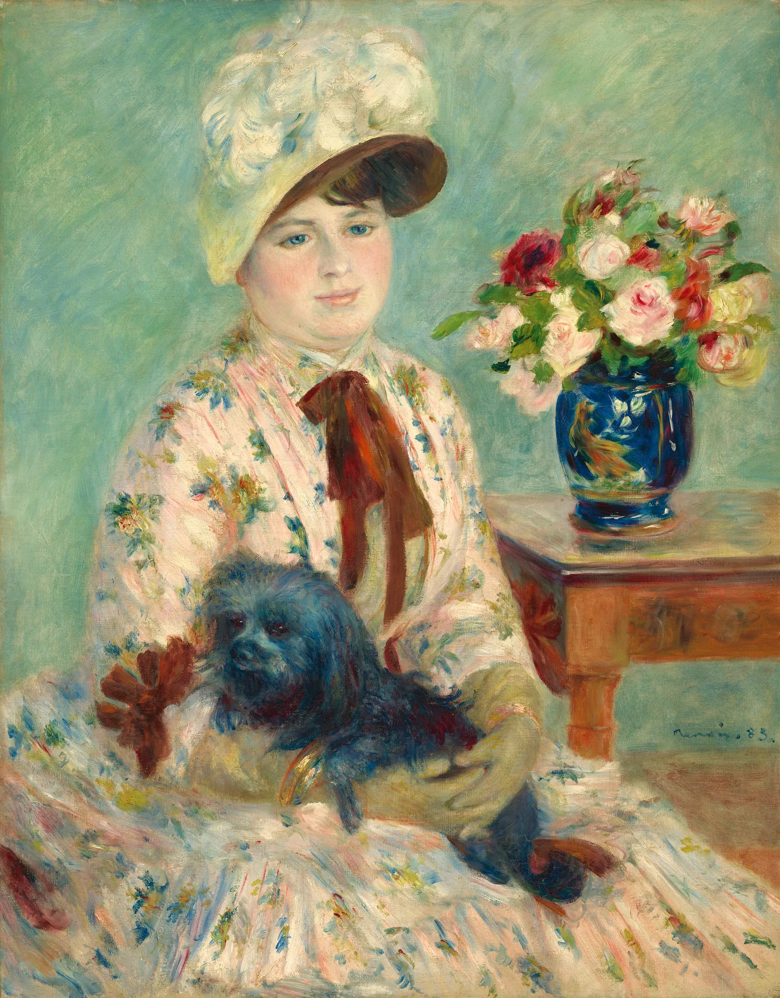 Mademoiselle Charlotte Berthier Mademoiselle Charlotte Berthier by Pierre-Auguste Renoir. An Impressionist portrait of a woman in a floral dress and a feathered hat holding a small black dog beside a vase of roses.