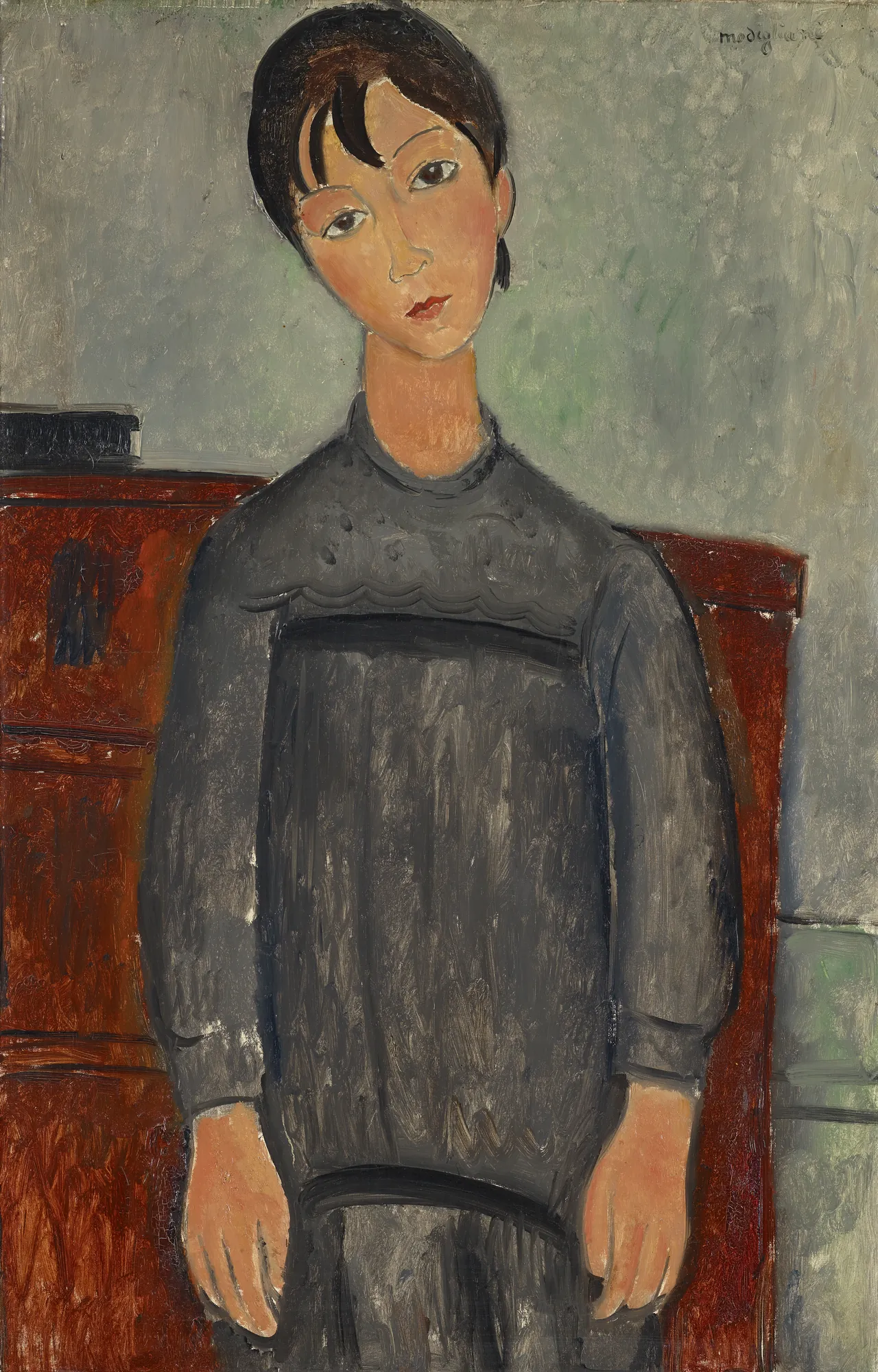 Girl Standing in Black Pinafore