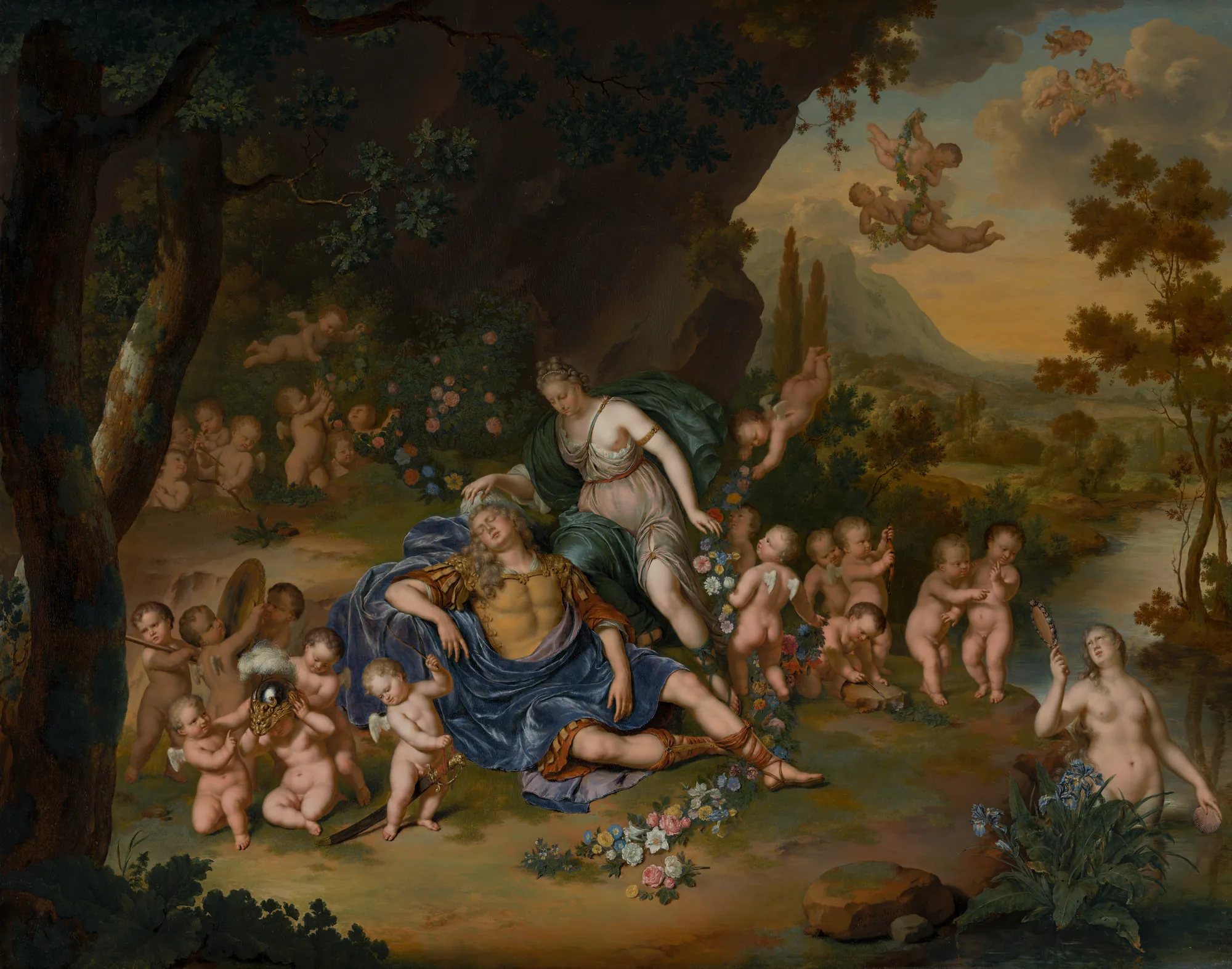 Armida Binding the Sleeping Rinaldo with Flowers Armida Binding the Sleeping Rinaldo with Flowers by Willem van Mieris. A classical scene depicting a woman and numerous winged cherubs binding a sleeping armored soldier with garlands of flowers in a lush river landscape.