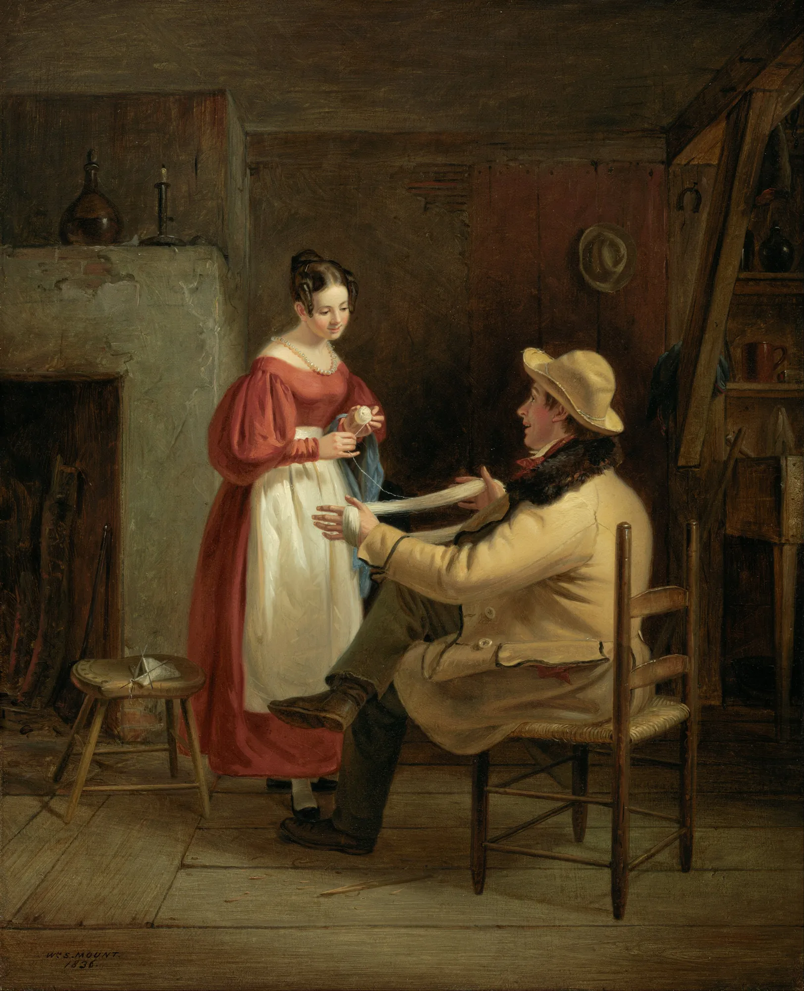 Winding Up Winding Up by William Sidney Mount. A young woman in a red dress and white apron winds a ball of yarn from the hands of a seated man in a rustic 19th-century interior.