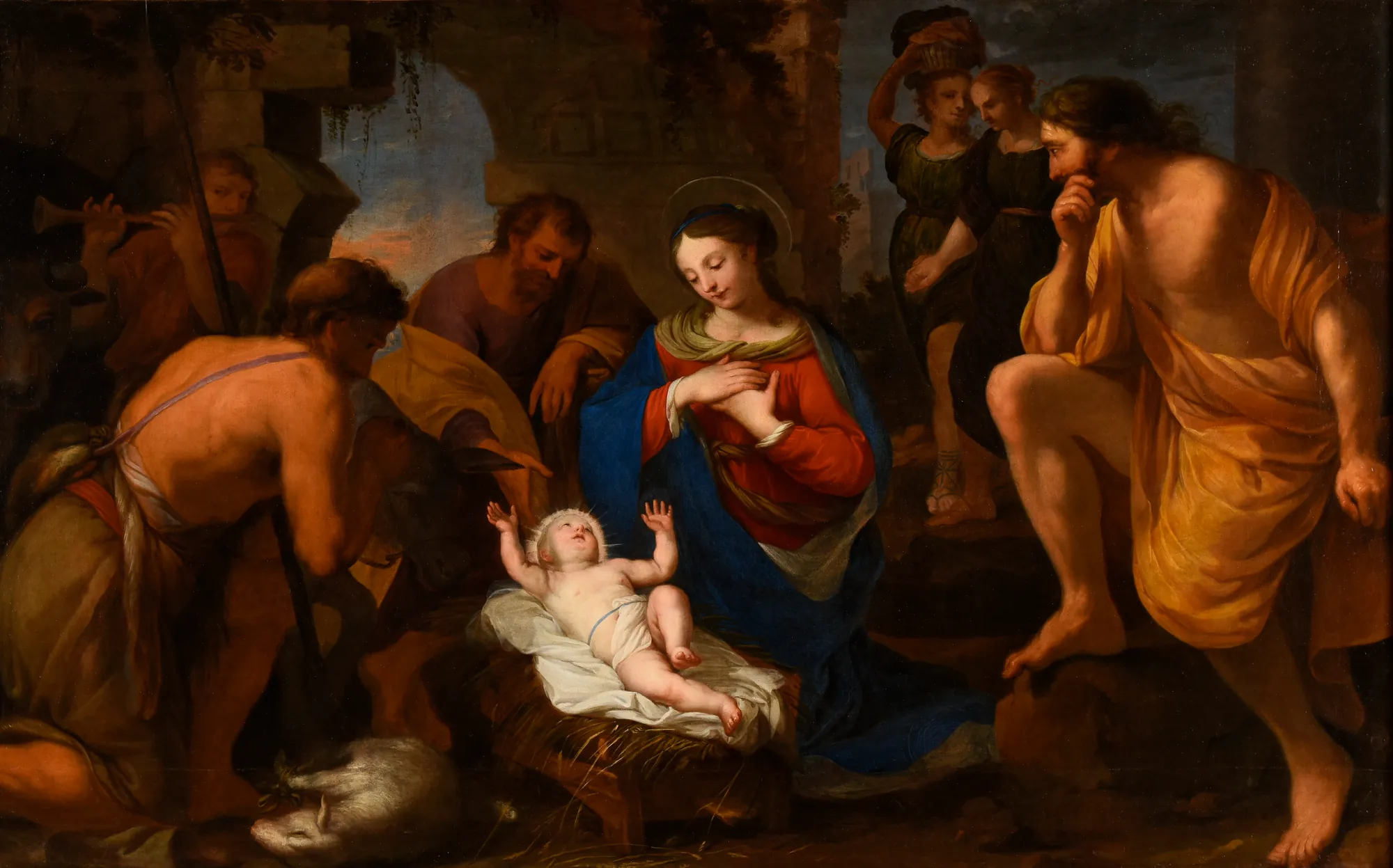 L'Adoration des Bergers L'Adoration des Bergers by Jean Hellart. A religious oil painting showing the Virgin Mary and Joseph with shepherds gathered around the infant Jesus in a manger.