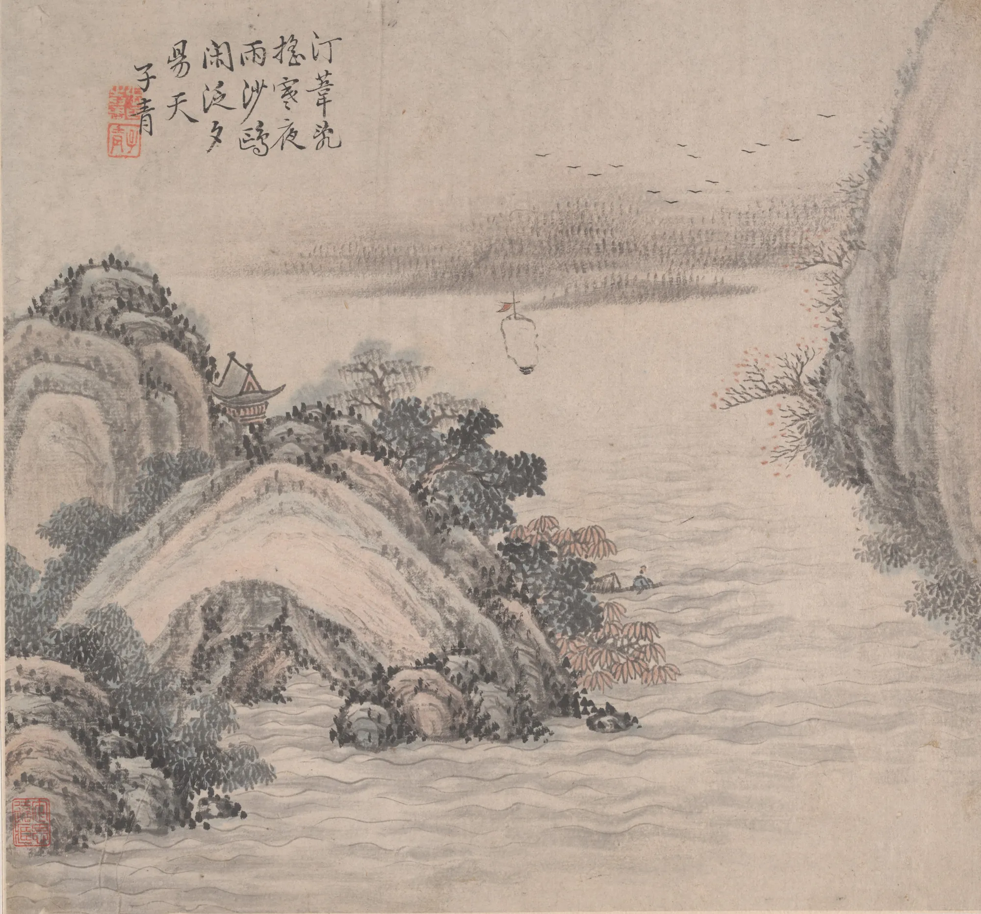 Landscapes Landscapes by Chang Chih-wan. A Chinese ink and wash landscape depicting a river with a small boat, rocky hills with sparse vegetation, a pavilion, and a flock of birds in the distance.