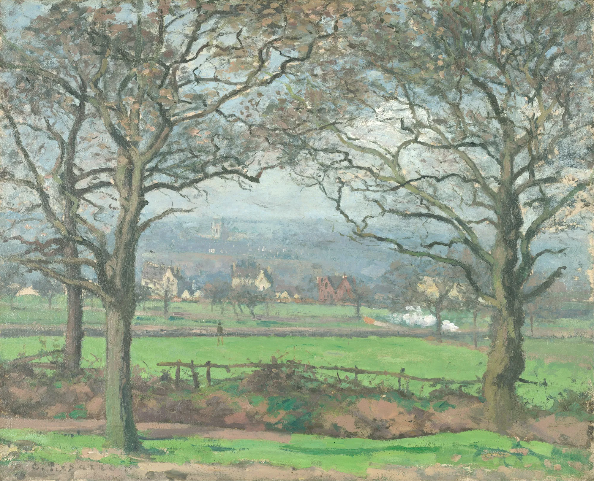 Near Sydenham Hill Near Sydenham Hill by Camille Pissarro. An Impressionist view through a screen of budding trees toward a green meadow and distant suburban houses under a soft blue sky.
