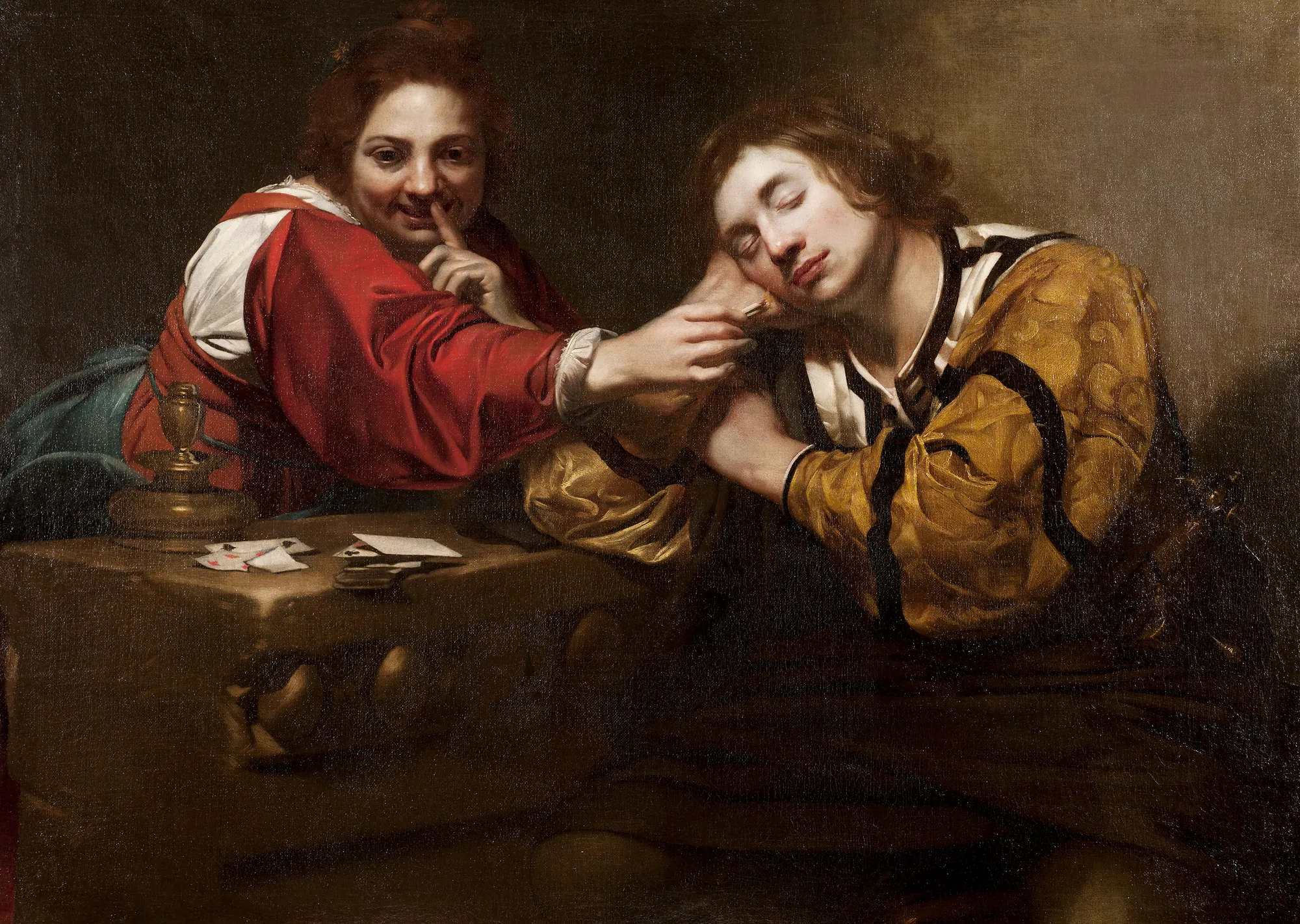 Sleeper Awakened by a Young Woman with Fire Sleeper Awakened by a Young Woman with Fire by Nicolas Régnier. A young woman in a red bodice holds a lit match near the ear of a sleeping man dressed in a yellow patterned jacket.