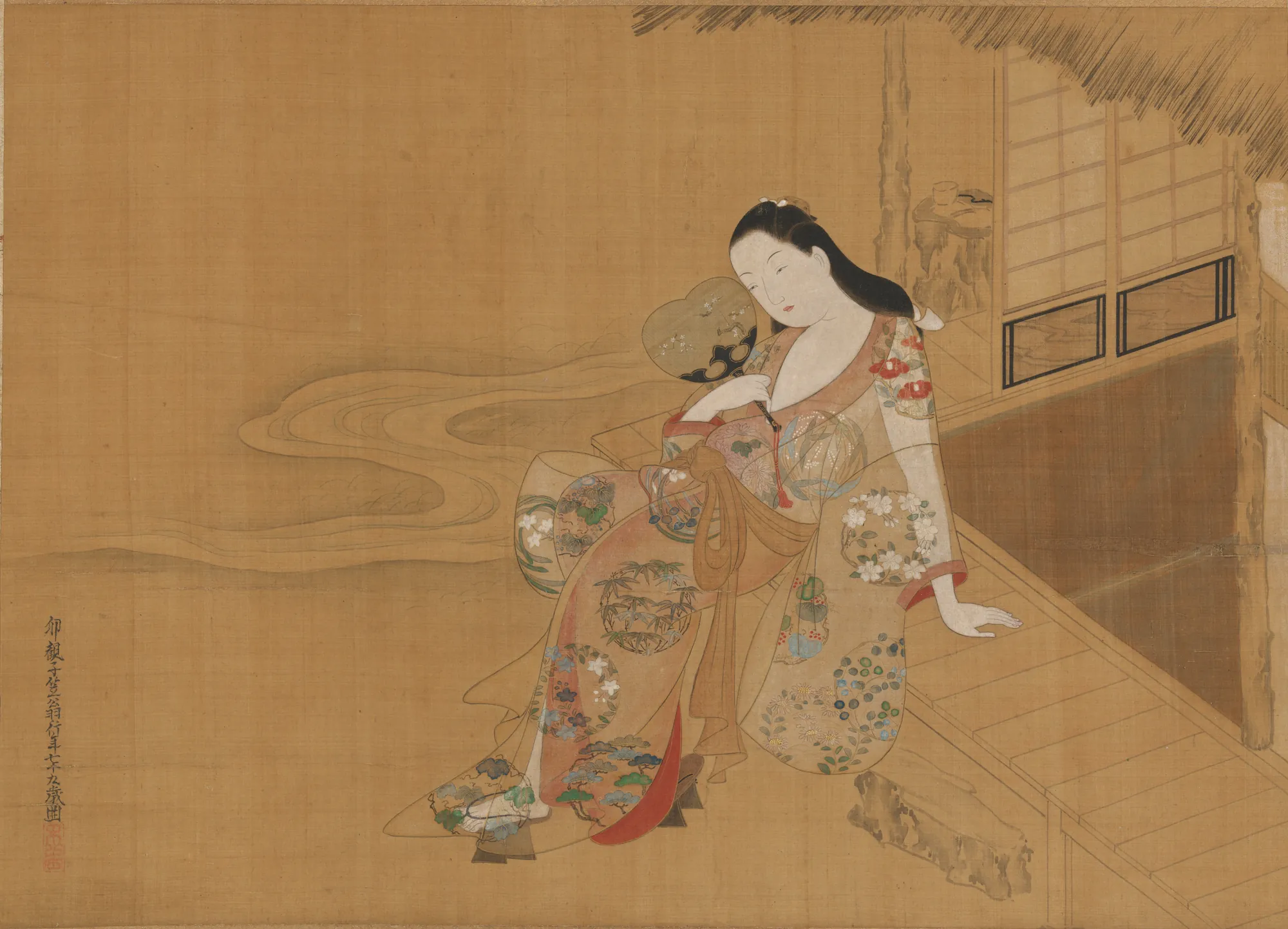 Courtesan Enjoying a Cool Summer Evening Courtesan Enjoying a Cool Summer Evening by Ogawa Haritsu. A Japanese woman in a richly patterned kimono sits on a wooden veranda, holding a fan against a misty background.