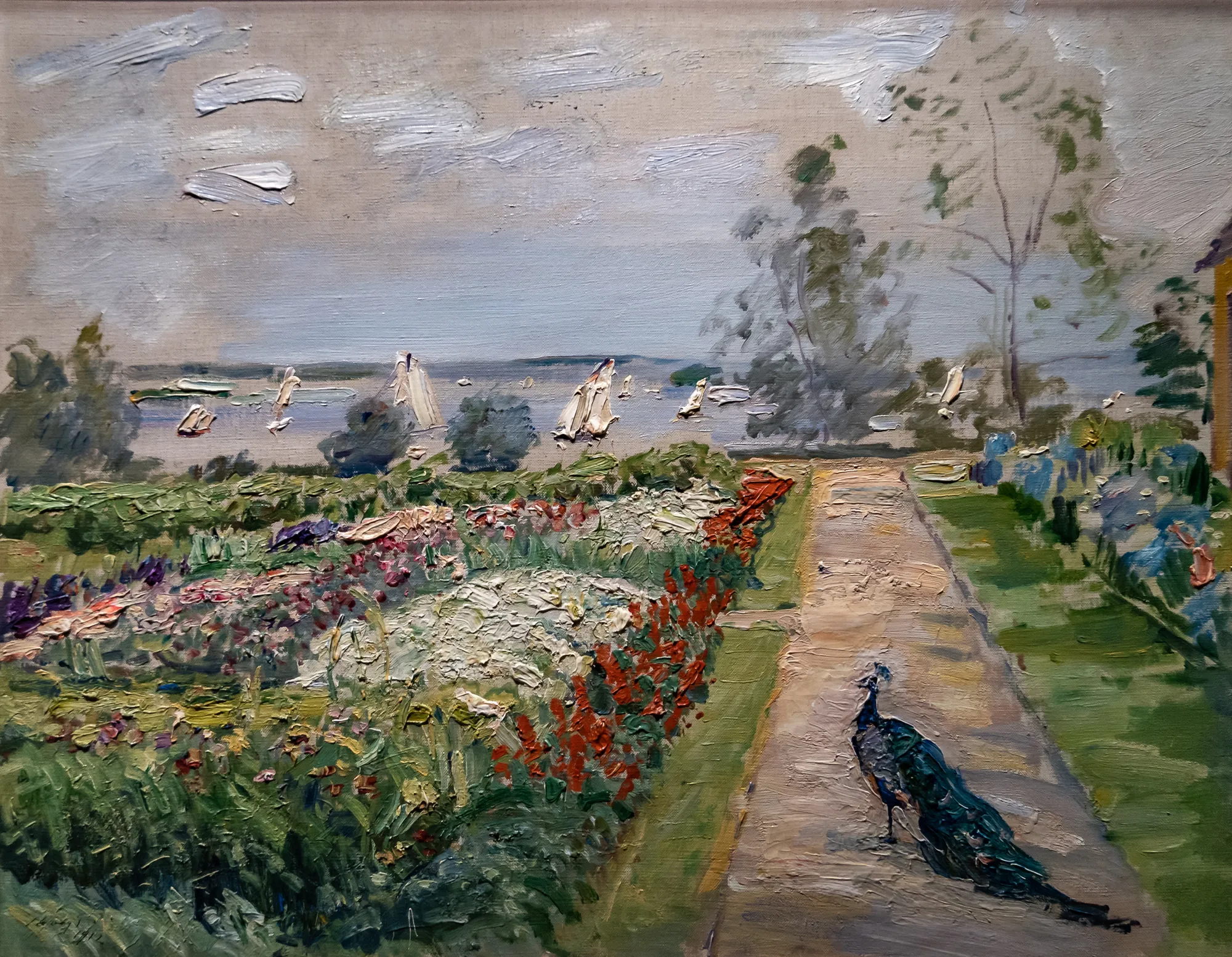 Flower Garden I in Neu Cladow Flower Garden I in Neu Cladow by Max Slevogt. A vibrant impressionist garden path leads toward a distant body of water dotted with sailboats, while a blue peacock stands in the foreground.