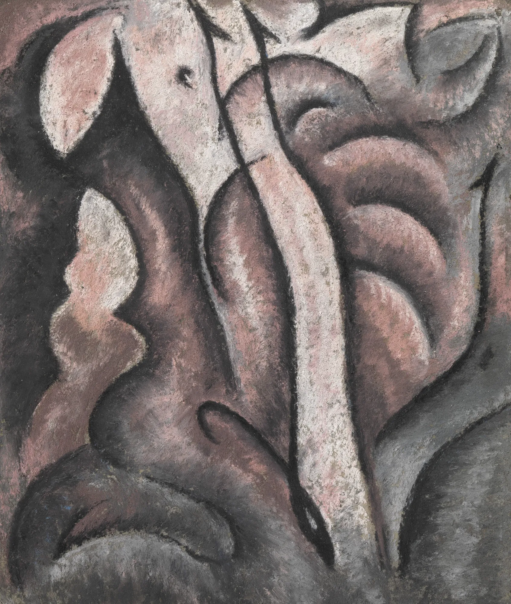 Sentimental Music Sentimental Music by Arthur Dove. An abstract composition featuring rhythmic, organic shapes in shades of dusty pink, charcoal grey, and white.