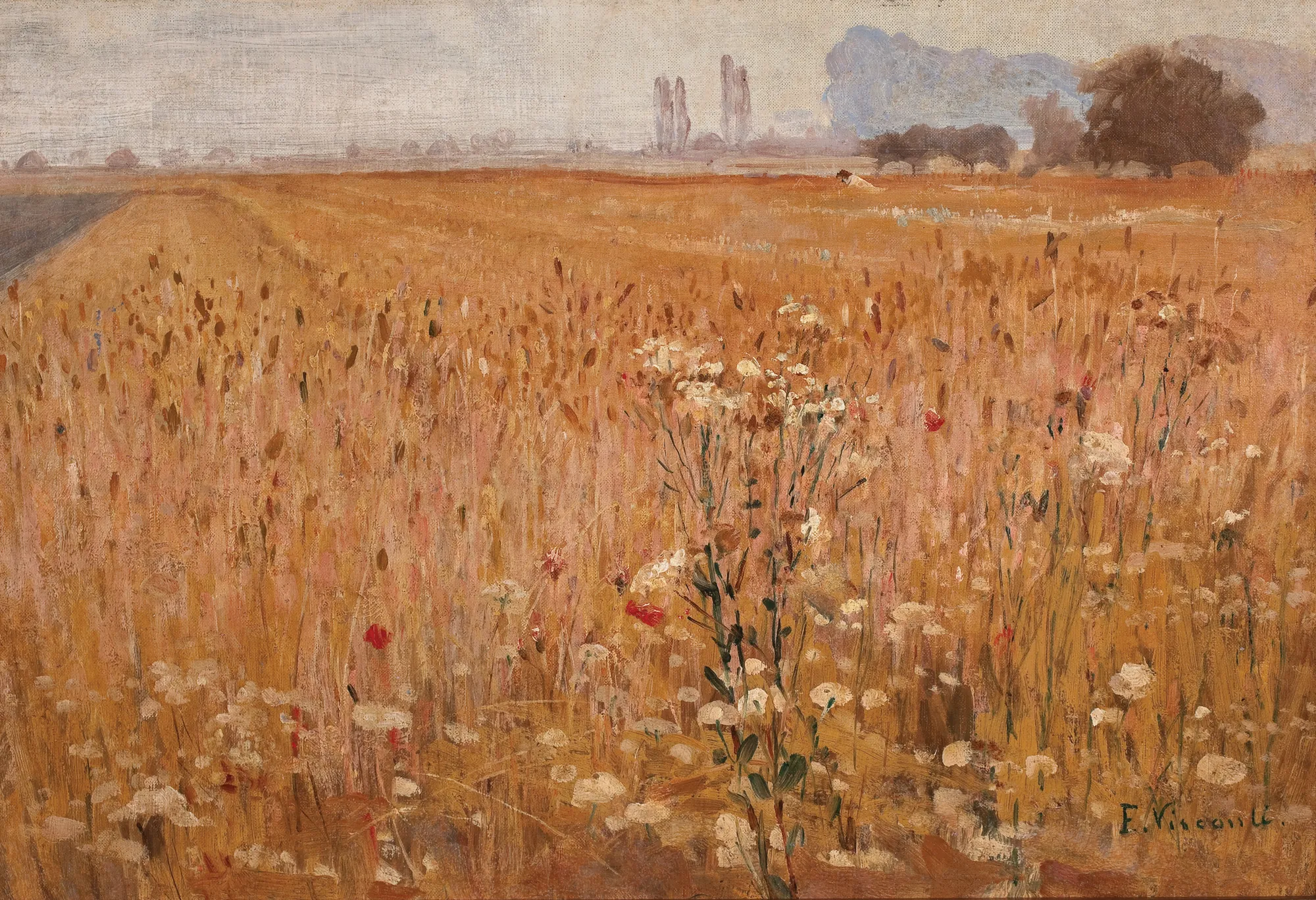 Trigal Trigal by Eliseu Visconti. A sun-drenched landscape painting of a golden wheat field with wildflowers in the foreground and trees along a distant horizon.