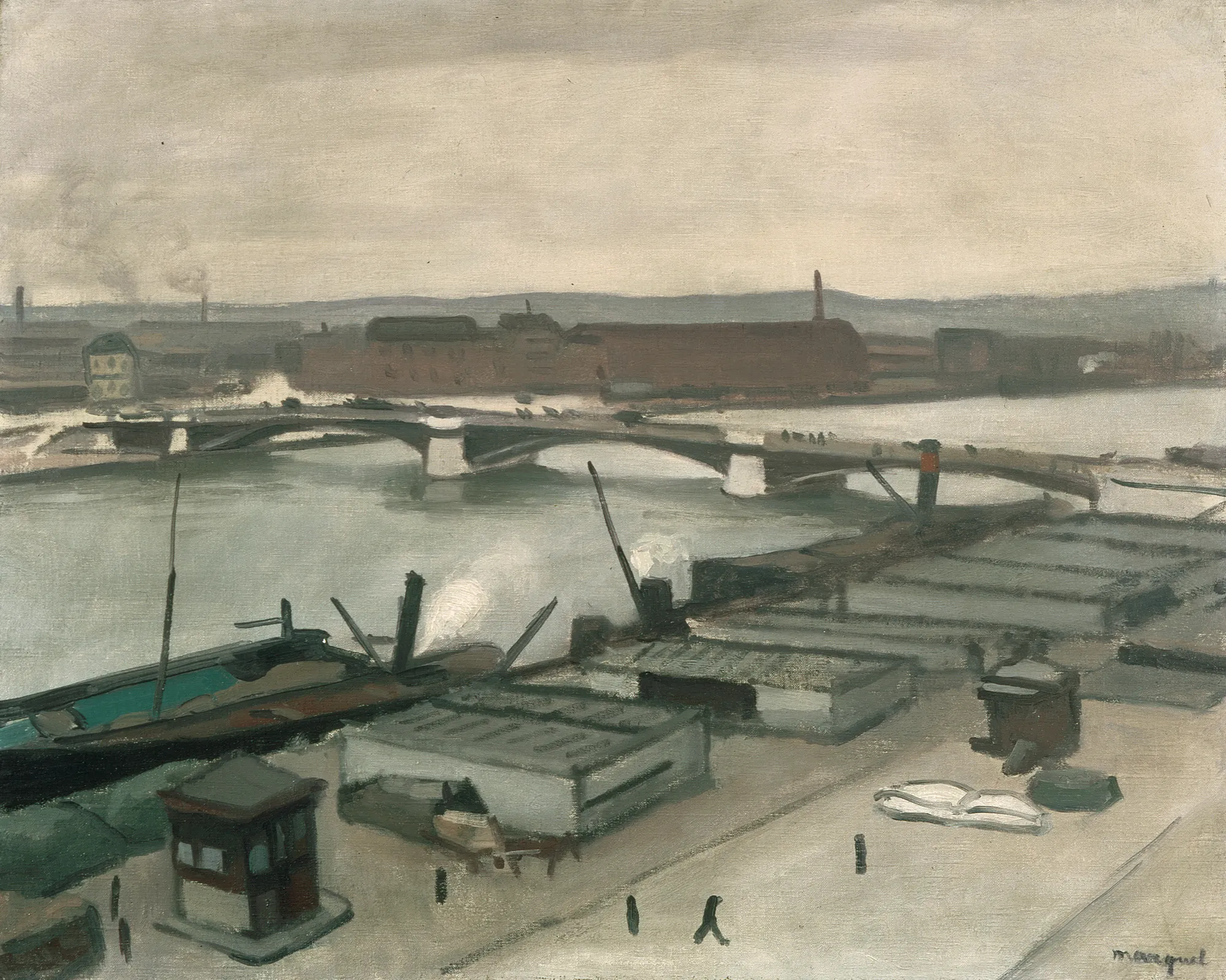The Quays at Rouen The Quays at Rouen by Albert Marquet. A high-angle view of a river harbor in Rouen, showing tugboats, industrial docks, and a distant arched bridge under an overcast sky.