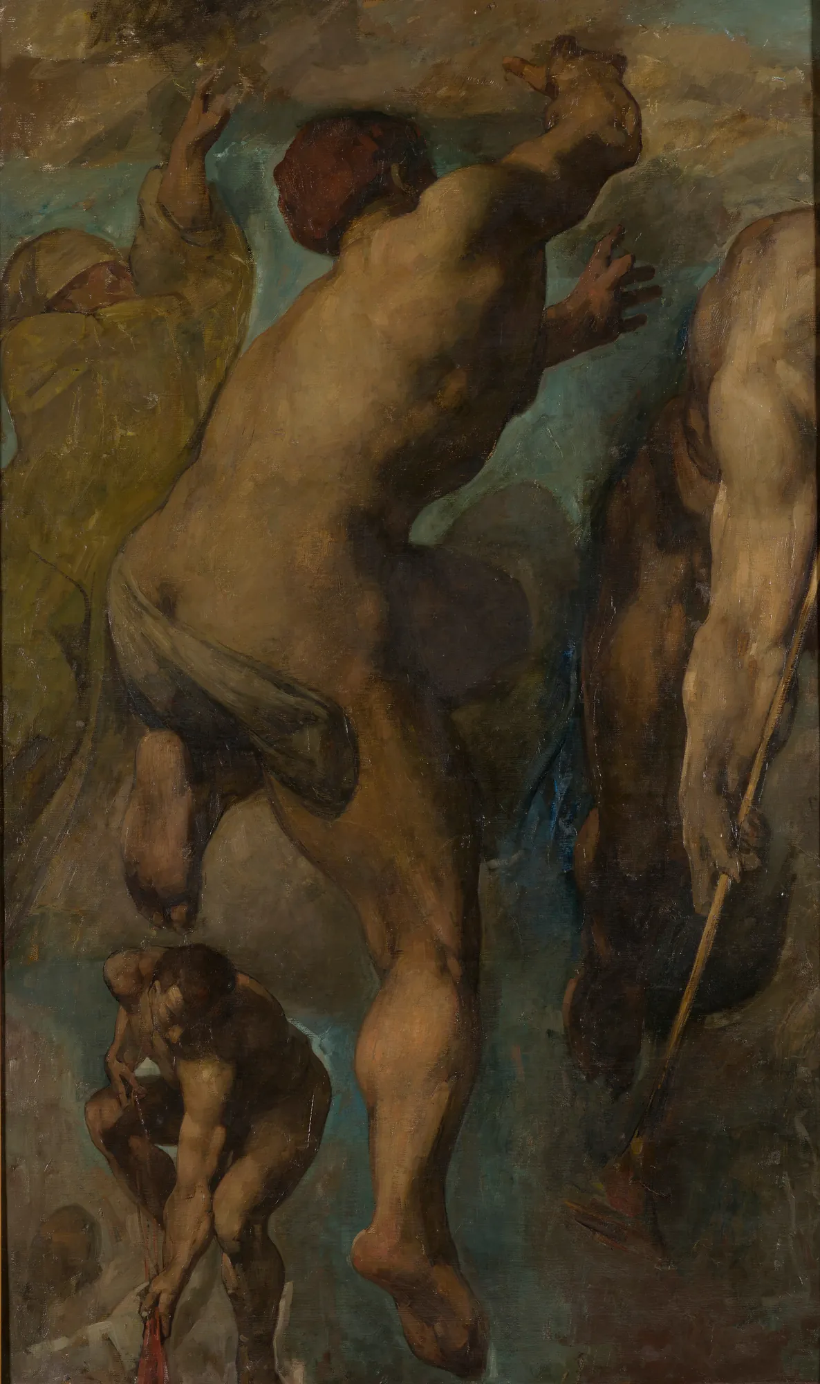 Last Judgement Last Judgement by Nicolaas van der Waay. A dramatic oil painting of a muscular male figure seen from behind in dynamic motion against a swirling, atmospheric sky.