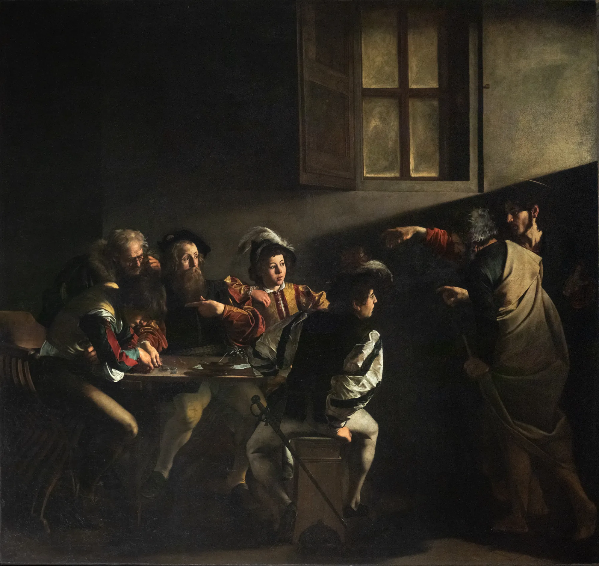 The Calling of Saint Matthew The Calling of Saint Matthew by Caravaggio. Jesus Christ points towards the tax collector Matthew in a dimly lit room, illuminated by a single dramatic beam of light.
