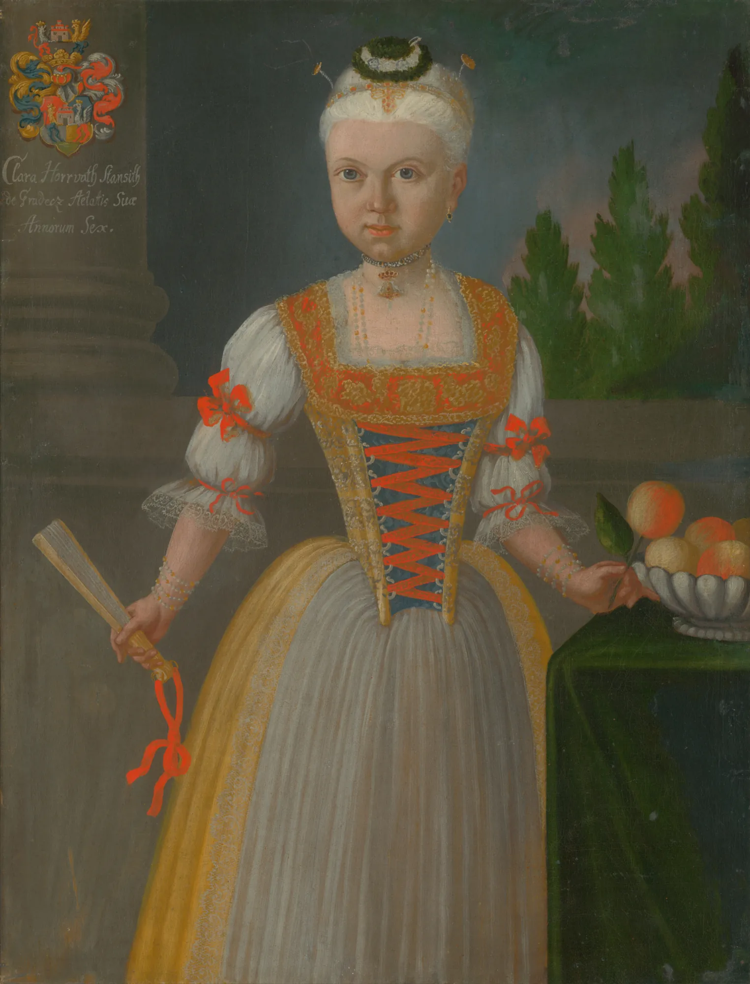 Klára Horvath Stančič Klára Horvath Stančič by Ján Gottlieb Kramer. A portrait of a six-year-old girl in an elaborate red and gold bodice and grey skirt, holding a fan beside a bowl of peaches.