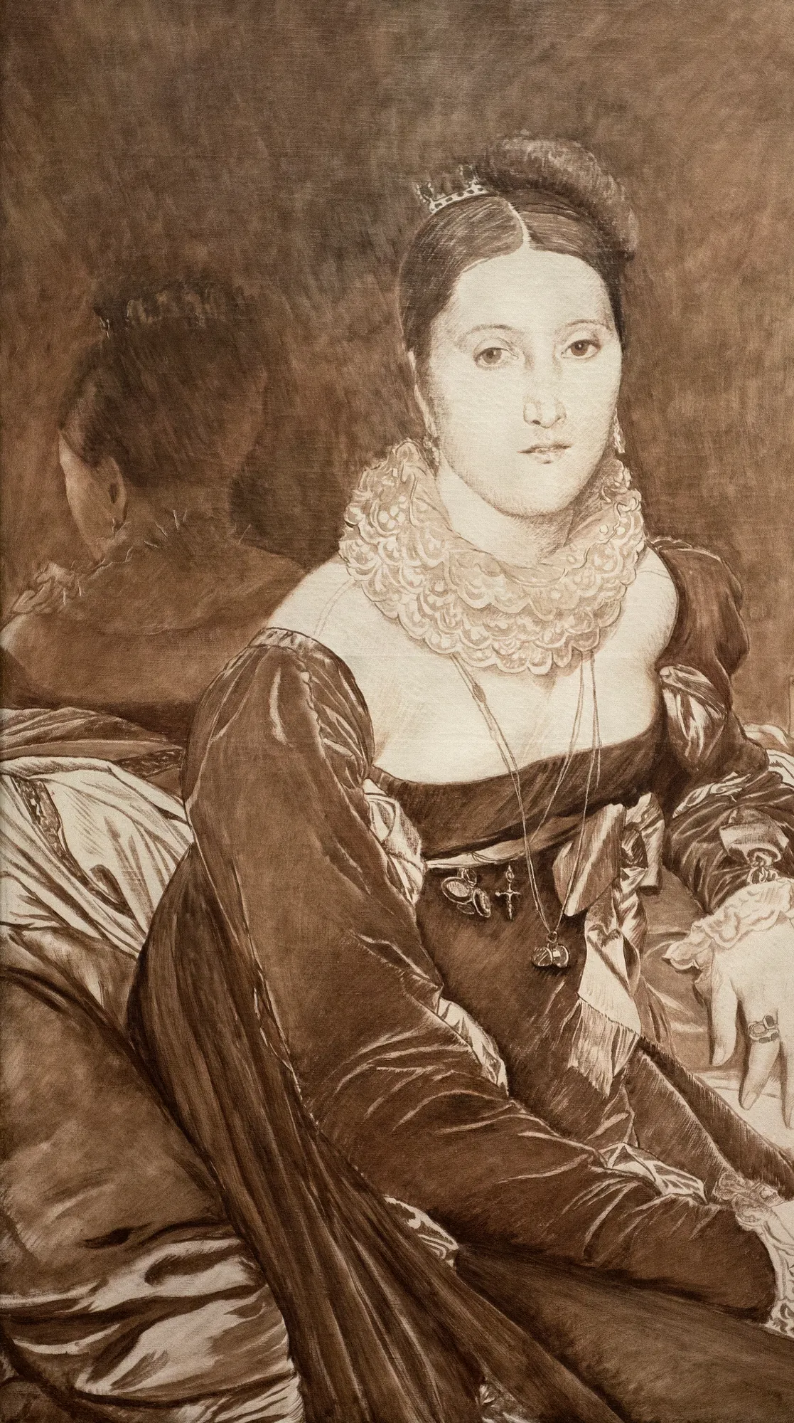 Madame de Senonnes (after Ingres) Madame de Senonnes (after Ingres) by James Tissot. A monochrome oil portrait in grisaille of a seated woman in 19th-century attire with an elaborate ruffled collar, shown with her reflection in a mirror.