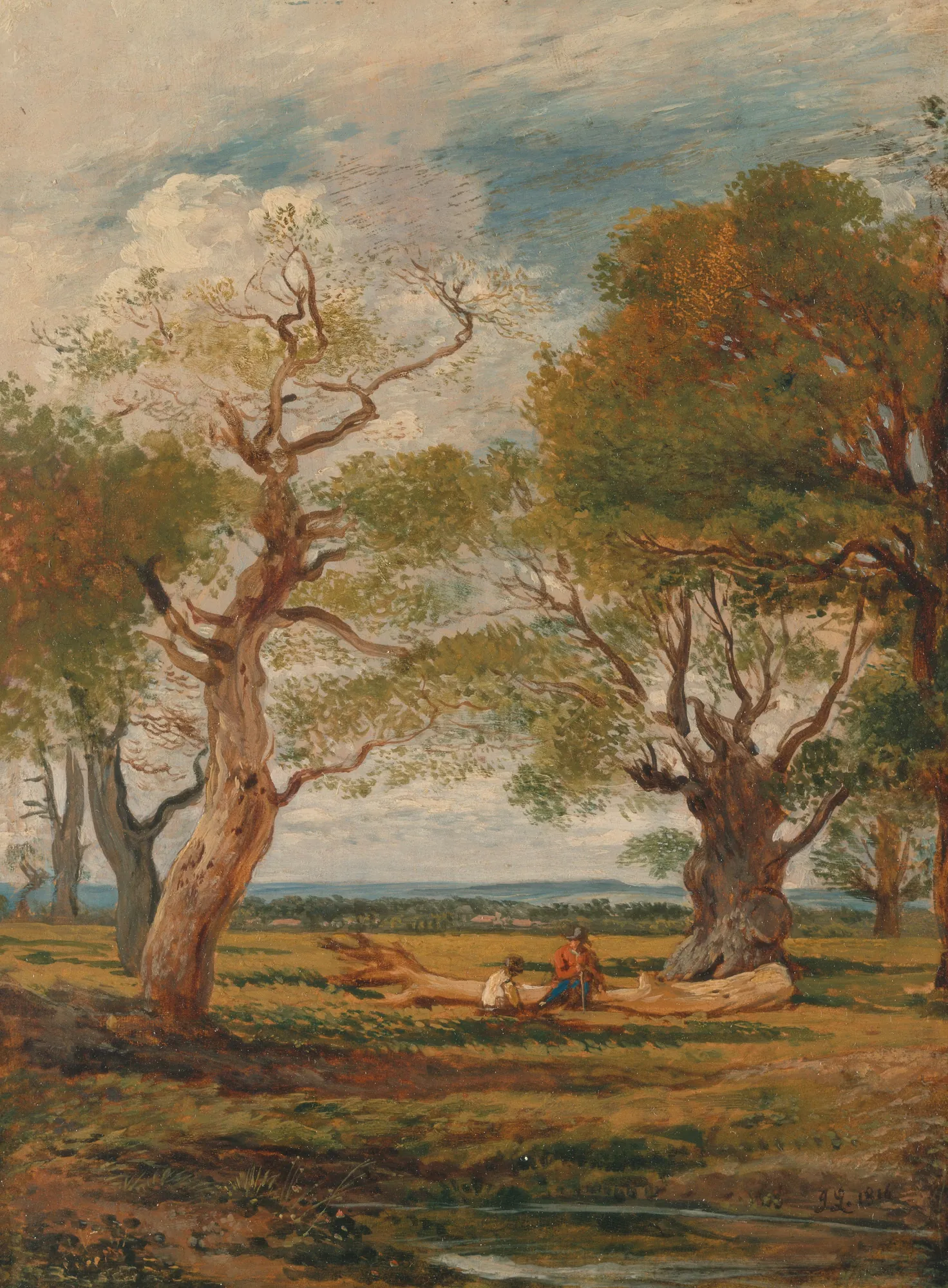 Landscape with Figures Landscape with Figures by John Linnell. An English landscape featuring two figures resting on a fallen log between two large, weathered oak trees under a vast, cloud-swept sky.
