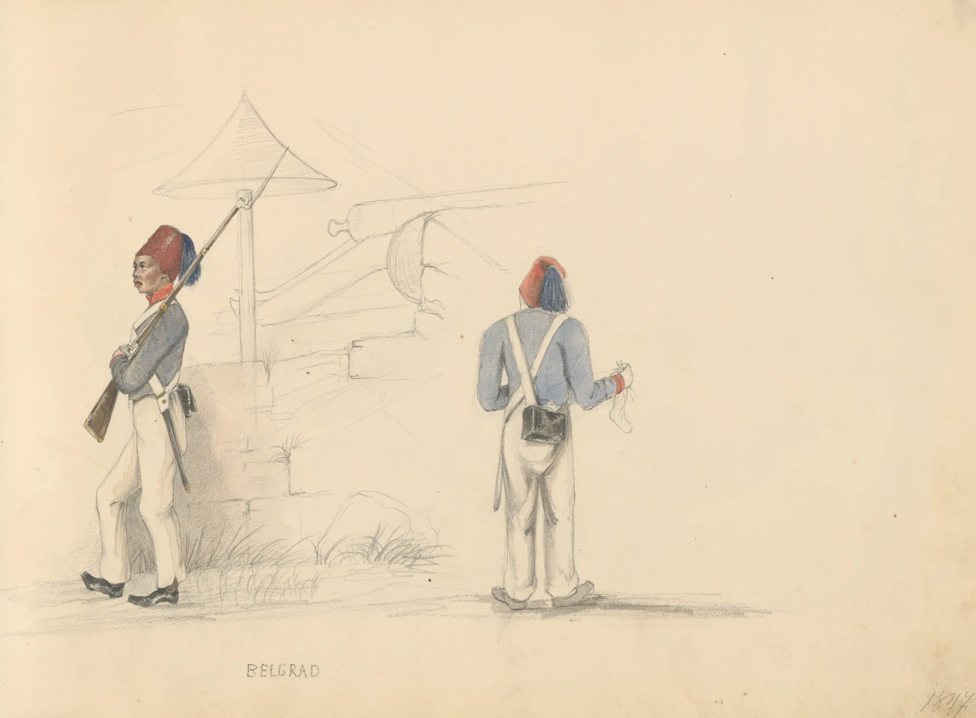 Soldiers in Belgrade, 1847 Soldiers in Belgrade, 1847 by Unknown Artist. A watercolor and pencil study of two soldiers in blue uniforms and red fezzes, with Belgrade's fortifications sketched in the background.