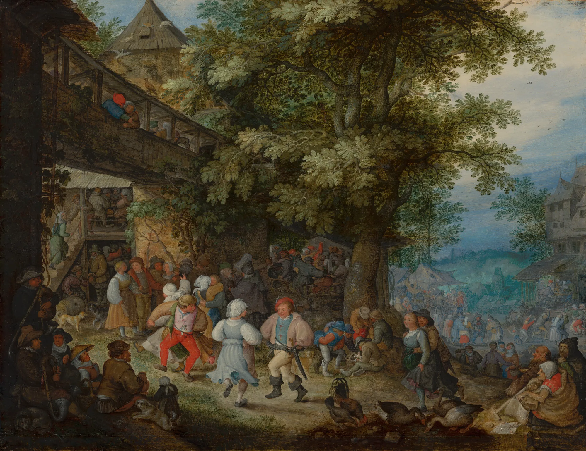 Peasants Dancing outside a Bohemian Inn Peasants Dancing outside a Bohemian Inn by Roelant Savery. A bustling Flemish village scene where numerous peasants are seen dancing, drinking, and socializing outside a multi-story rustic inn surrounded by lush trees.