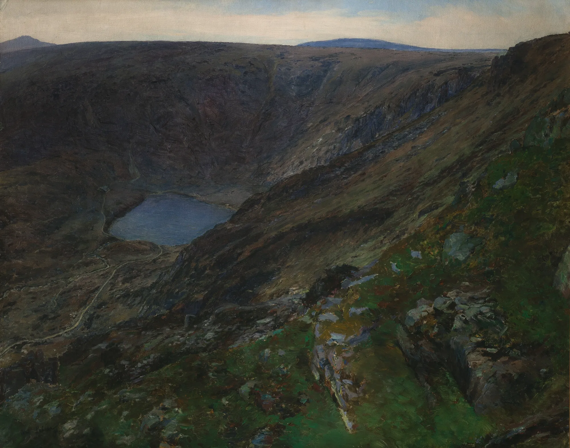 Mountain Lake in the Giant Mountains Mountain Lake in the Giant Mountains by Otakar Lebeda. A serene blue tarn is situated deep within a vast, shadowed mountain cirque under a pale sky.