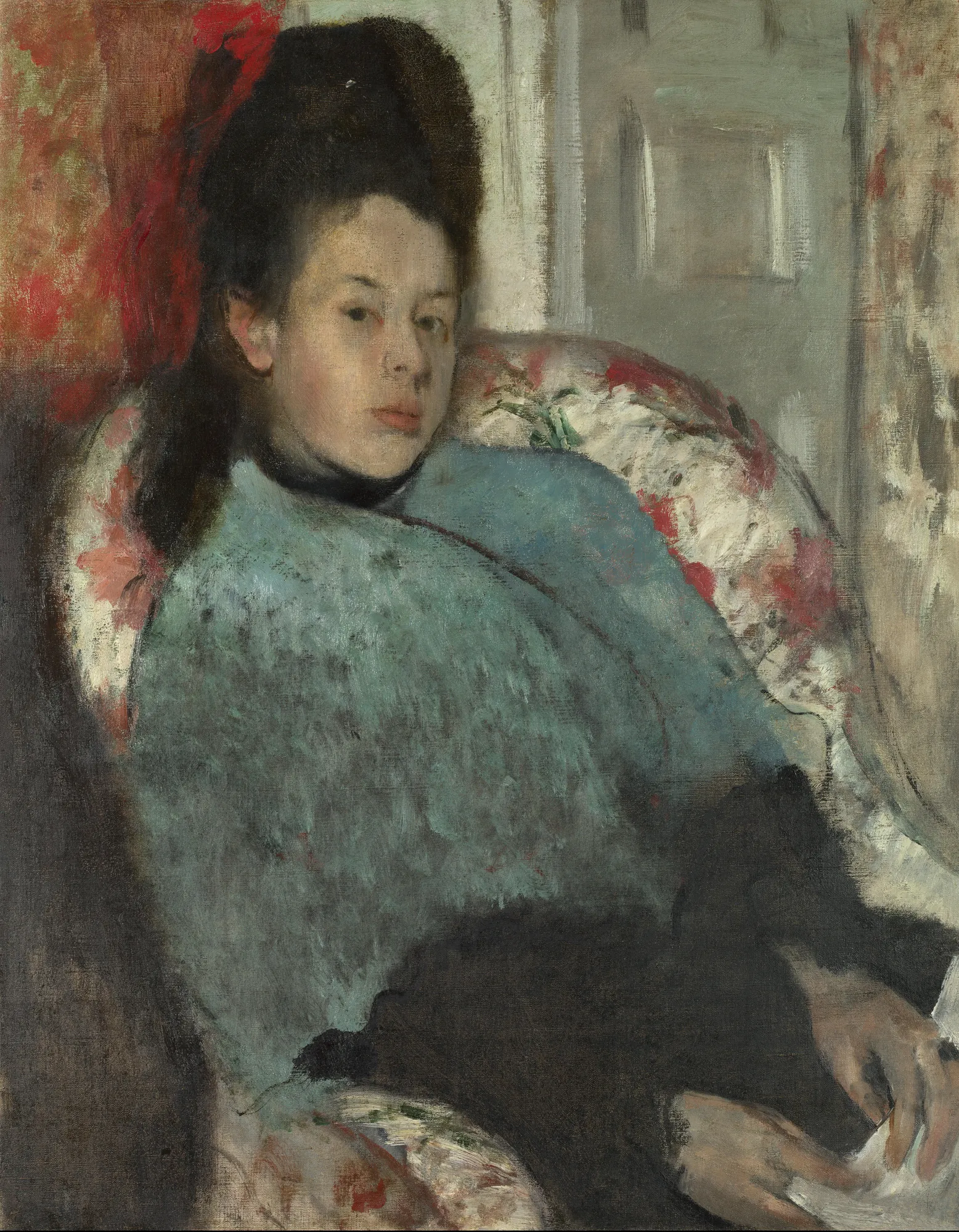 Portrait of Elena Carafa Portrait of Elena Carafa by Edgar Degas. An Impressionist oil portrait of a seated young woman with dark hair wearing a textured teal shawl.