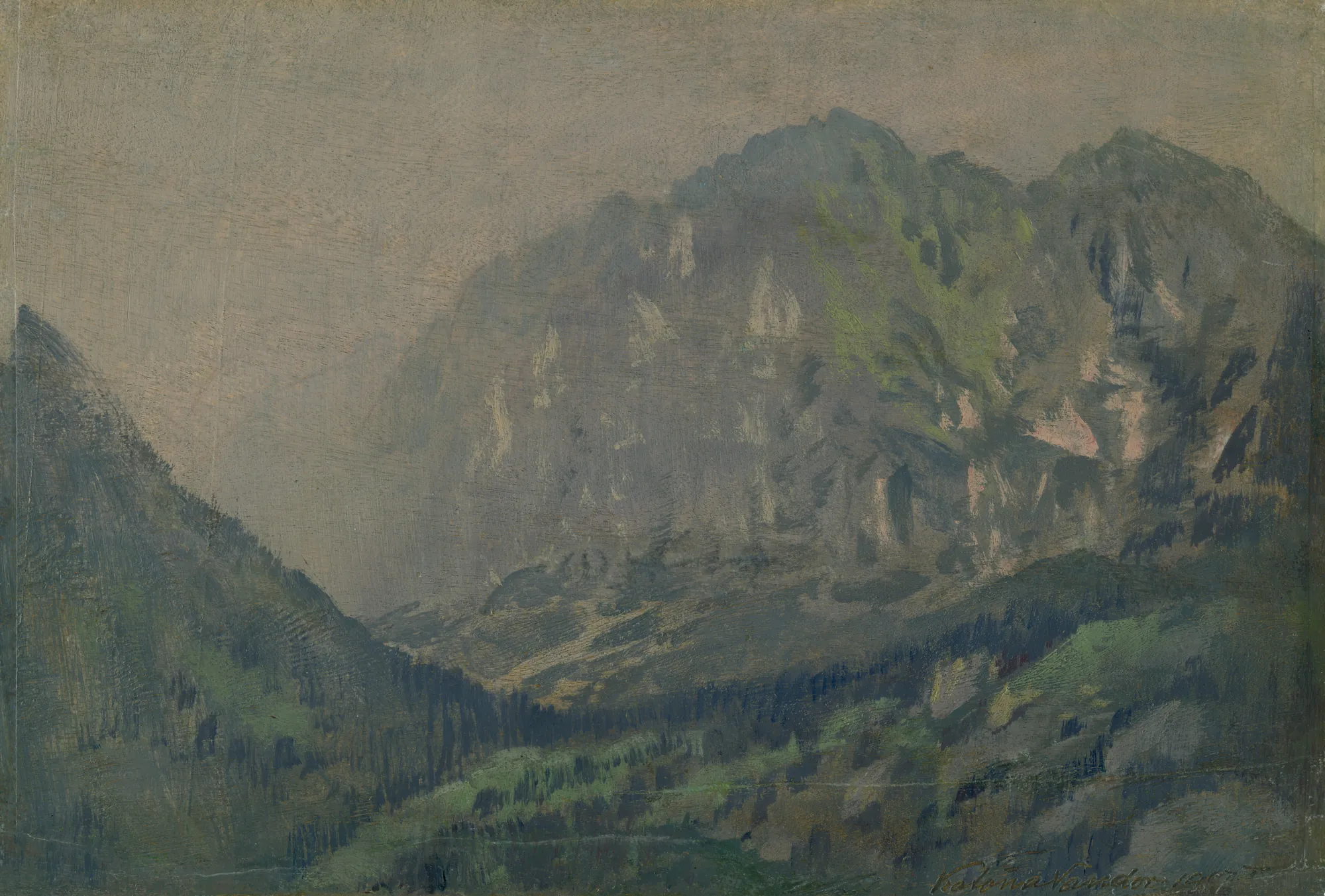 Motif from the High Tatras Motif from the High Tatras by Nándor Katona. A painterly depiction of rugged mountain peaks partially obscured by a thick, misty atmosphere in muted tones.