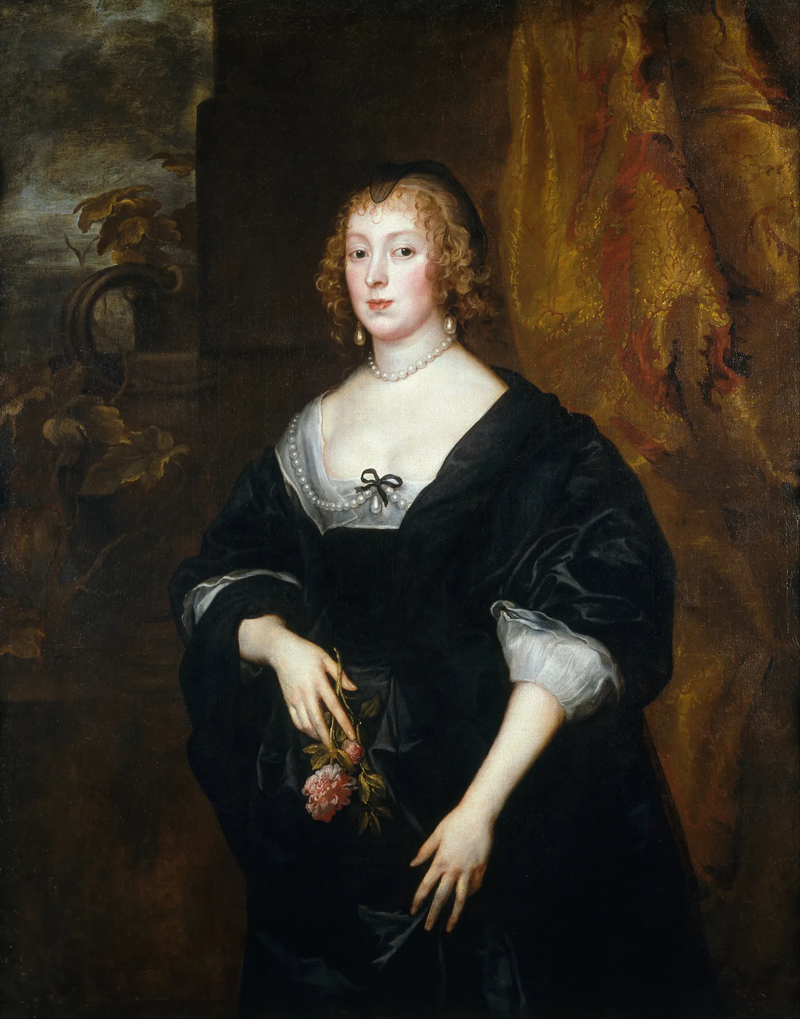 Lady Dacre Lady Dacre by Anthony van Dyck. A three-quarter length portrait of a woman with curly fair hair, wearing a black silk dress with pearl accents and holding a pink flower.