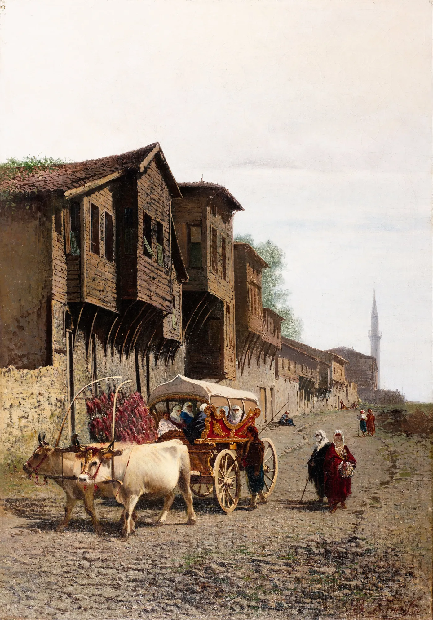 The Koçu Cart The Koçu Cart by Achille Formis. An ornate traditional cart pulled by white oxen travels along a cobblestone street lined with historic multi-story wooden houses.