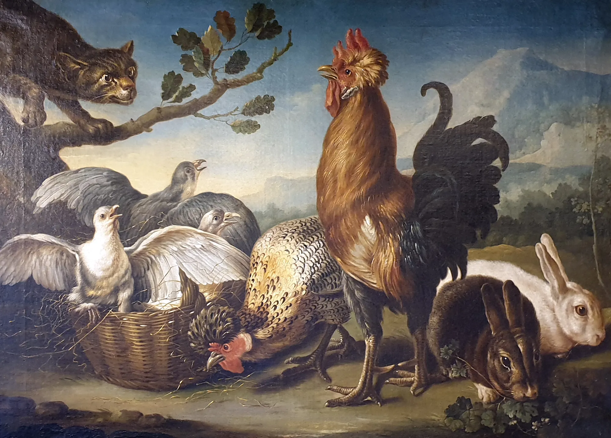 Cat in a Birdyard with Two Rabbits