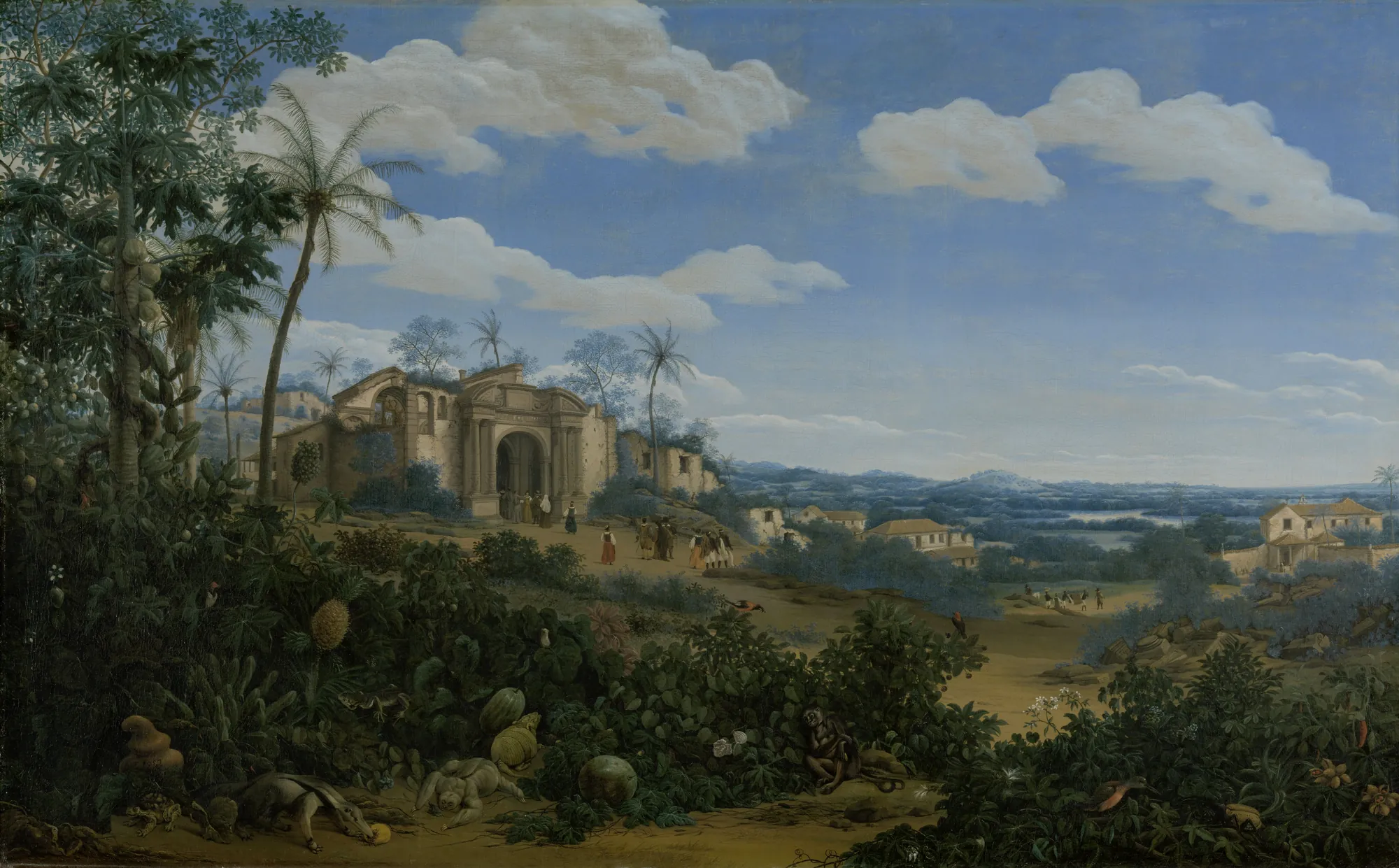 View of Olinda, Brazil View of Olinda, Brazil by Frans Post. A panoramic 17th-century landscape featuring stone ruins, tropical flora, and various native animals like an anteater and monkeys under a cloud-streaked blue sky.