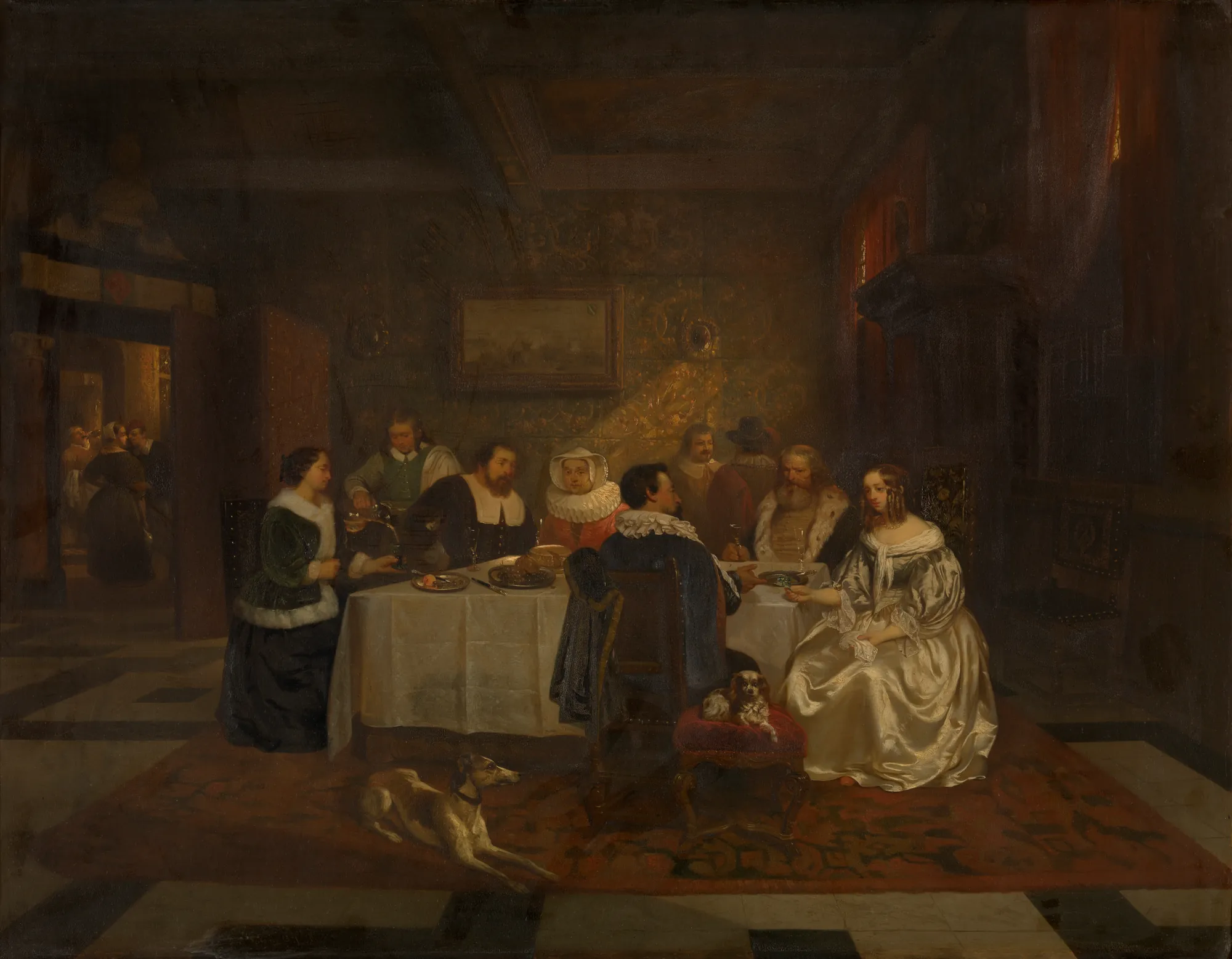 Banquet Banquet by Willem Linnig the Elder. A group of elegantly dressed figures in historical attire gathers around a white-clothed table for a feast in a grand, dimly lit interior.
