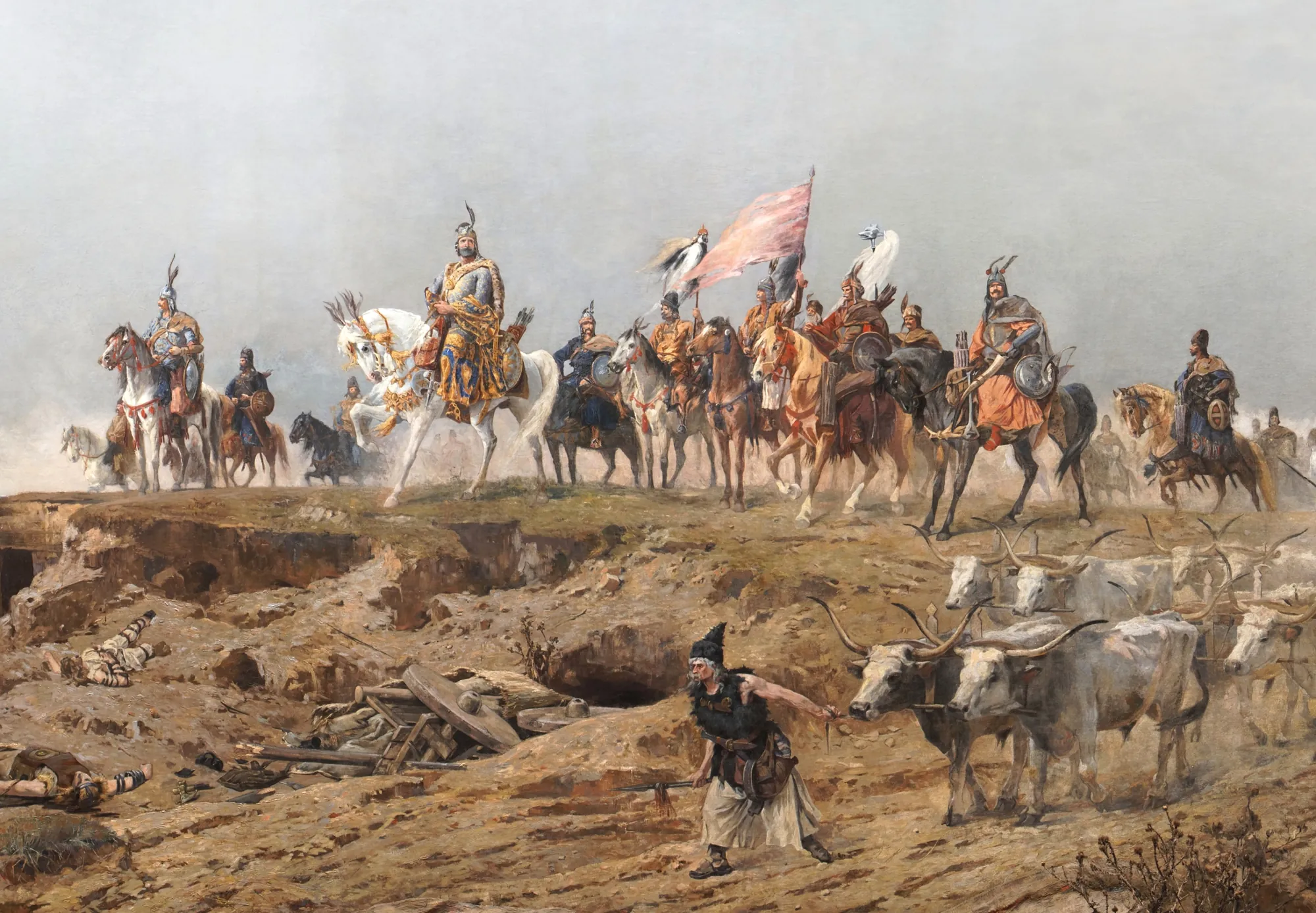 Arrival of the Hungarians Arrival of the Hungarians by Árpád Feszty. A large-scale historical scene featuring Hungarian warriors on horseback and white oxen moving across a rugged landscape.