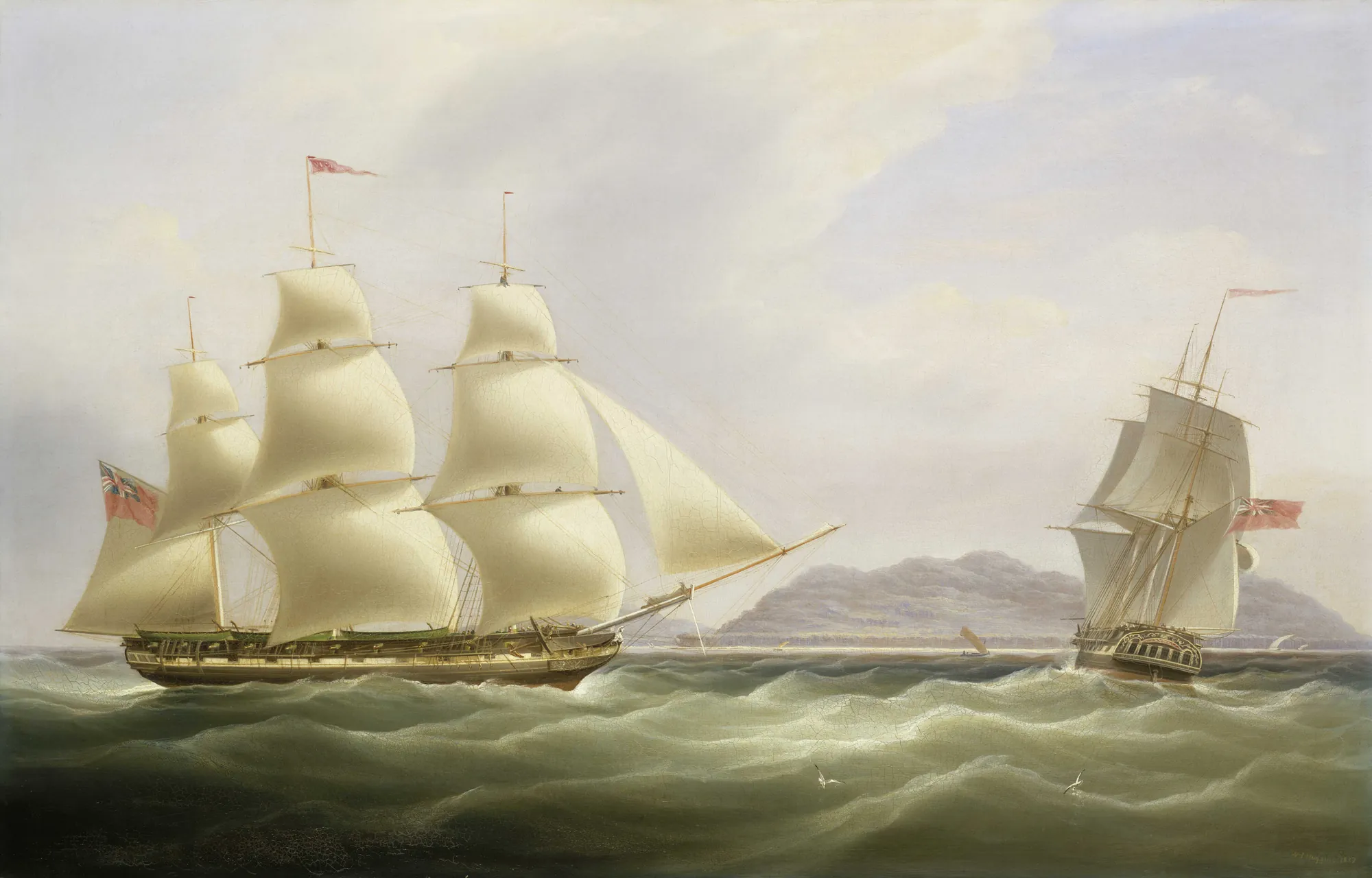 The ships 'Vigilant' and 'Harpooner' offshore The ships 'Vigilant' and 'Harpooner' offshore by William John Huggins. Two merchant ships with full white sails navigate a choppy green sea near a hilly coastline under an atmospheric sky.