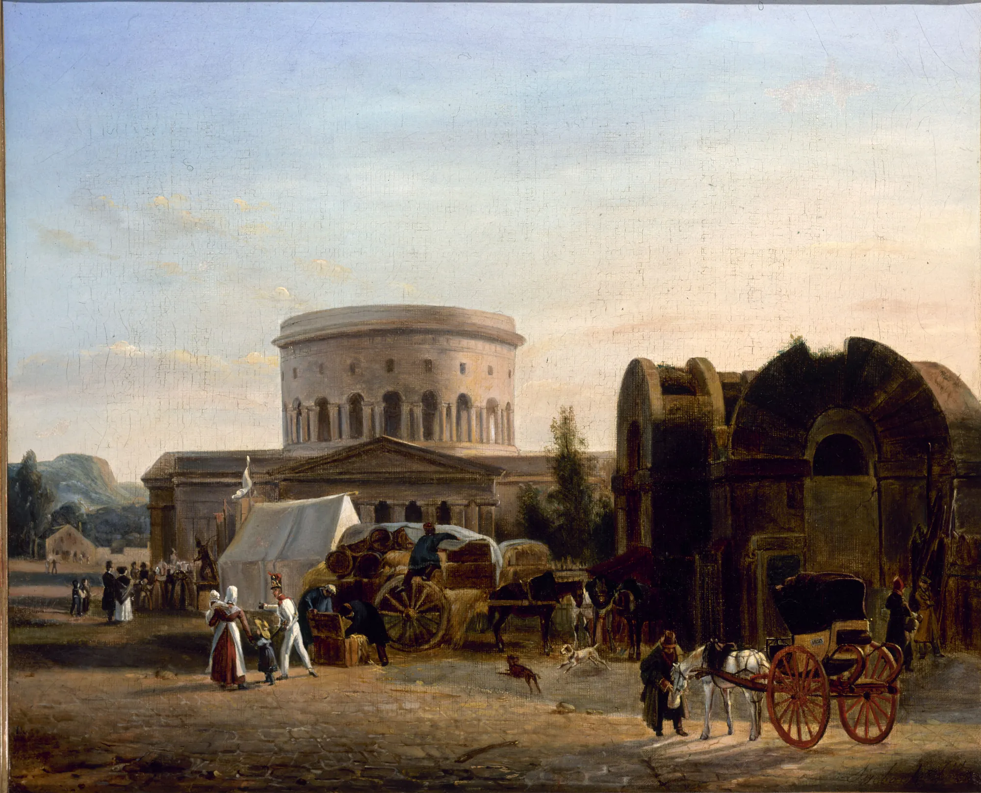 La Barrière de la Villette La Barrière de la Villette by Bernard-Édouard Swebach. A detailed 19th-century scene of Parisian life featuring horses, carriages, and figures in front of a grand circular neoclassical gate.