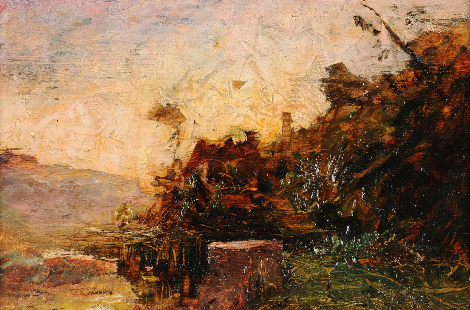 Bande de l'étang de Roche Bande de l'étang de Roche by François-Auguste Ravier. A painterly landscape study of a pond edge with dense foliage under a hazy, golden sky.