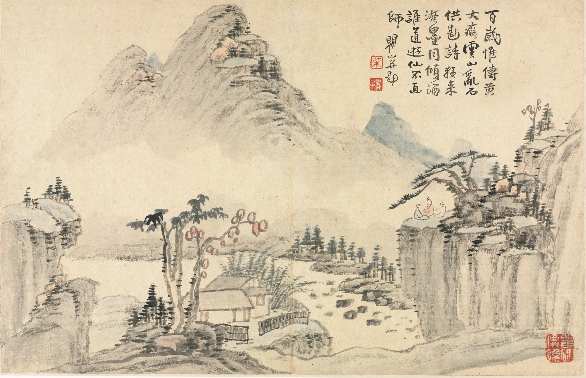 Landscape in the Style of Old Masters Landscape in the Style of Old Masters by Mei Qing. A classical Chinese landscape featuring towering mist-shrouded peaks, a small thatched cottage, and figures resting on a rocky ledge.